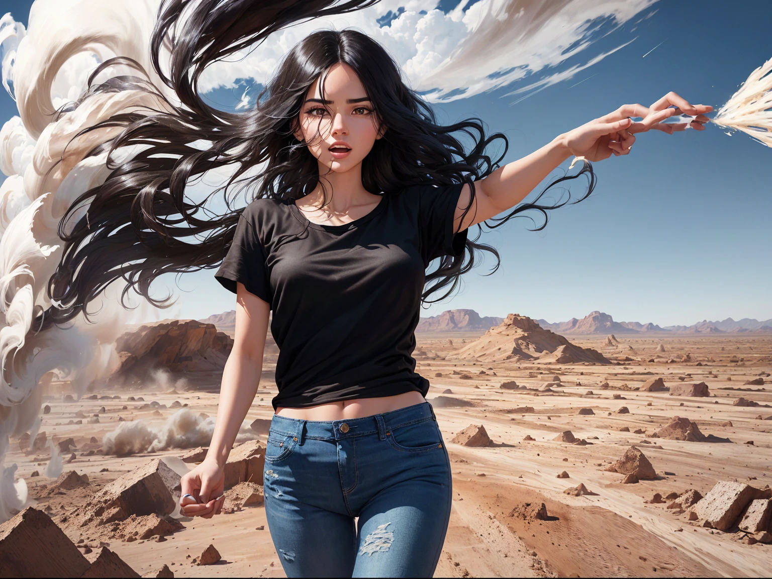 A digital illustration of a long black haired young women generating a tornado from her hand in a desert setting. The women is wearing a plain black t-shirt and blue jeans
