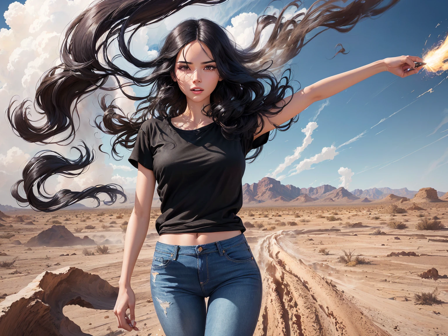 A digital illustration of a long black haired young women generating a tornado from her hand in a desert setting. The women is wearing a plain black t-shirt and blue jeans
