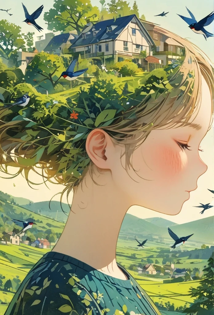((long shot:1.8)), (masterpiece, best quality:1.2), (plane vector:1.3),Art concept art,minimalist style,simple,1 girl,House with blue accents overhead、Hair decorated with natural and house elements,birds flying around,Surrounded by birds,swallow、Fantasy illustration of trees and hills