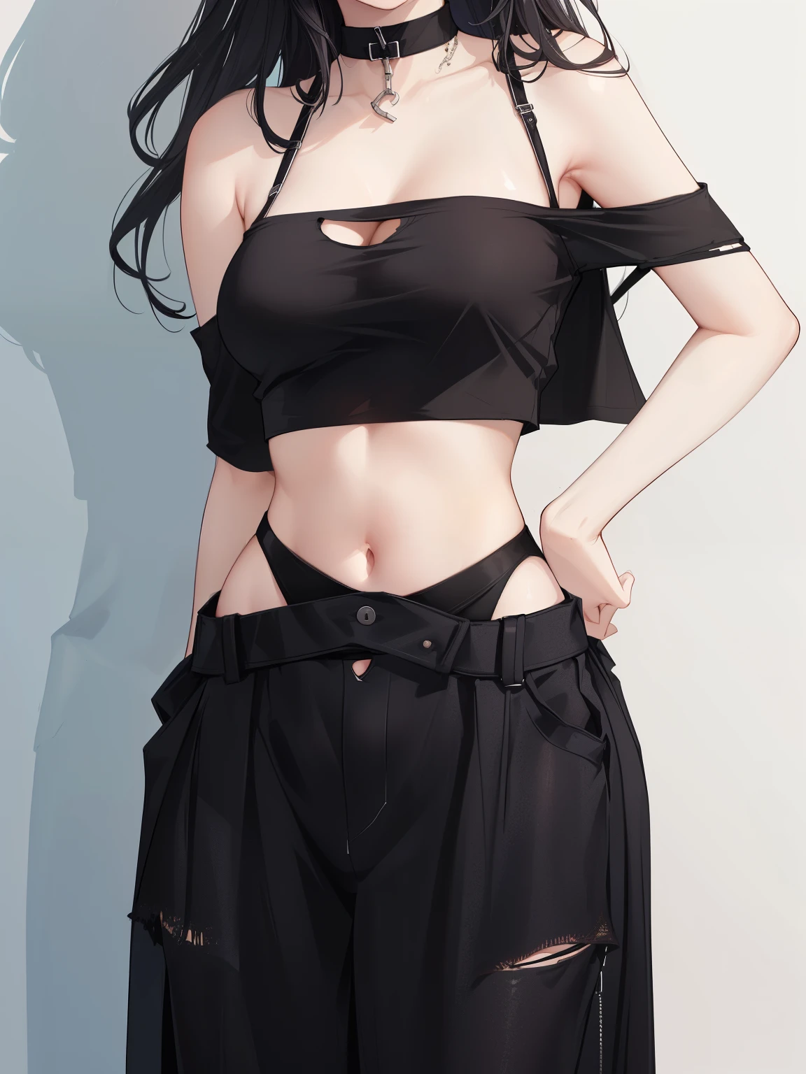 a close up of a woman wearing a black top and pants, her belly button is exposed, bra and shorts streetwear, belly button showing, wearing a sexy cropped top, wearing crop top, lunar themed attire, intriguing outfit, with ripped crop t - shirt, tube-top dress, wearing a cropped black tank top, croptop,