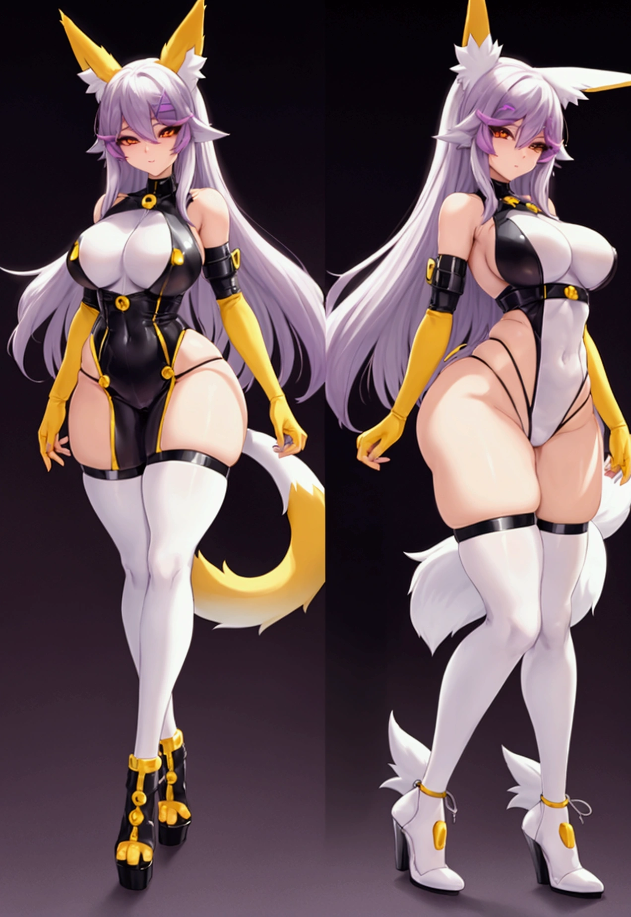 make me the character renamon from digimon but in a human version of this same one make him have details or characteristics of renamon like his ears and tail and also make a full body image make him have nice and firm and a light skin tone too Make him a curvy, sexy bowith medium thighs that are neither too big nor too small and white hair
