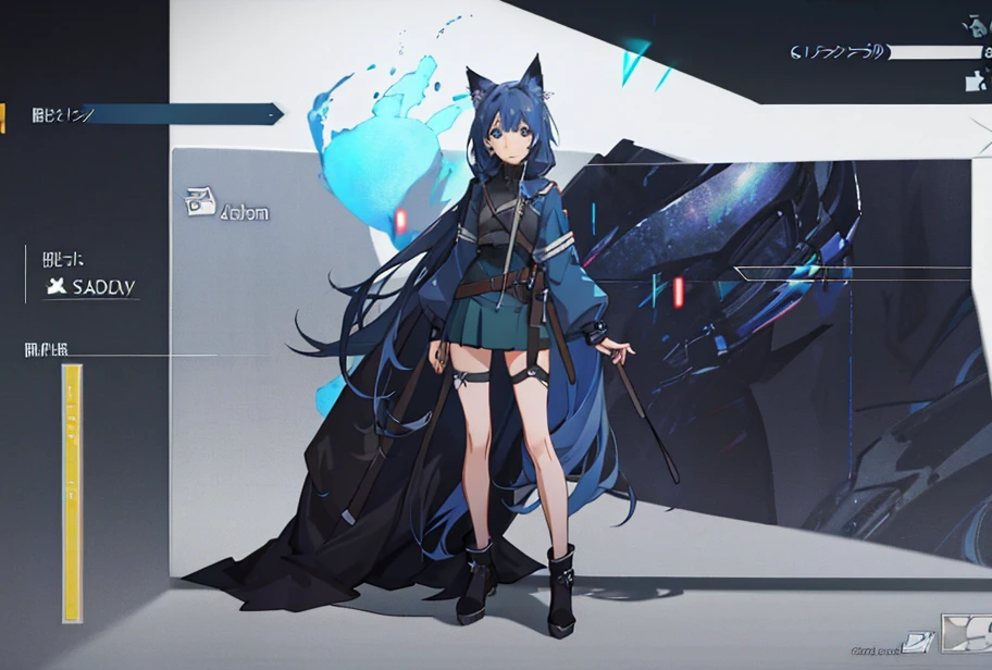 anime coloring. anime screensnap
1girl, solo, bangs, hair braided in a low long ponytail, long blue fox ears, grey blue bodysuit, gray big pants, high boots, big fox fire blue tail, dark blue hair, dark blue eyes, sad look, straps on the chest, straps on the waist, short gray-green skirt. star-shaped pupils. opens a gray box. golden light from the box
black background. cyberpunk aesthetic