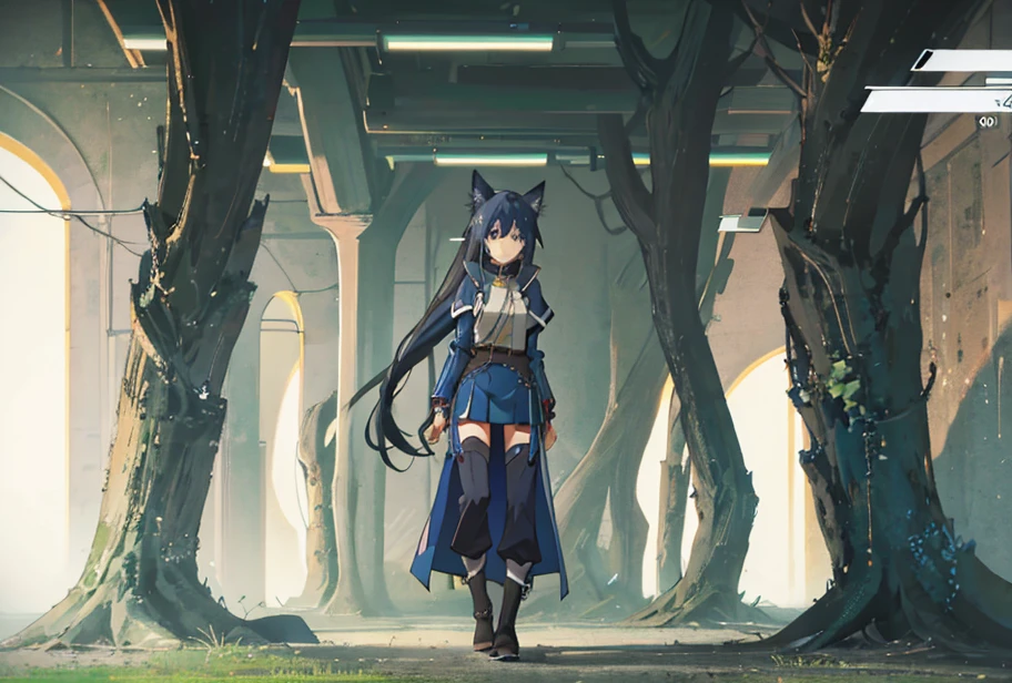 anime coloring. anime screensnap
1girl, solo, bangs, hair braided in a low long ponytail, long blue fox ears, grey blue bodysuit, gray big pants, high boots, big fox fire blue tail, dark blue hair, dark blue eyes, sad look, straps on the chest, straps on the waist, short gray-green skirt. star-shaped pupils. opens a gray box. golden light from the box
black background. cyberpunk aesthetic