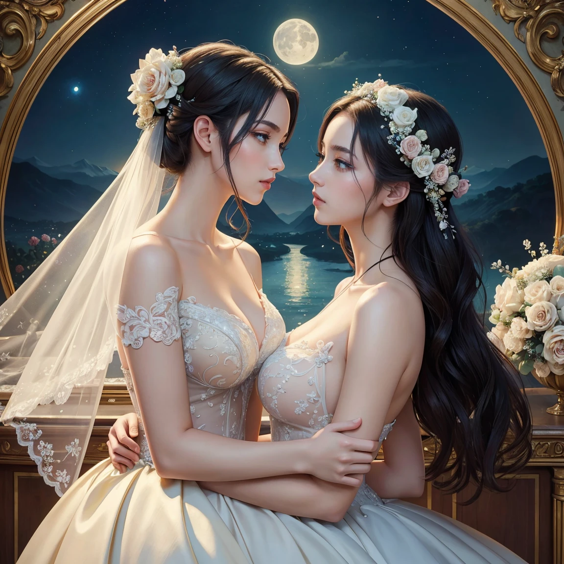 (masterpiece, highest quality, official art, beauty and aesthetic:1.5), (perfect anatomy, perfect hands), two stunning bride is deeply in love with each other, kiss, romantic atmosphere, flower and moon, magnificent panorama view