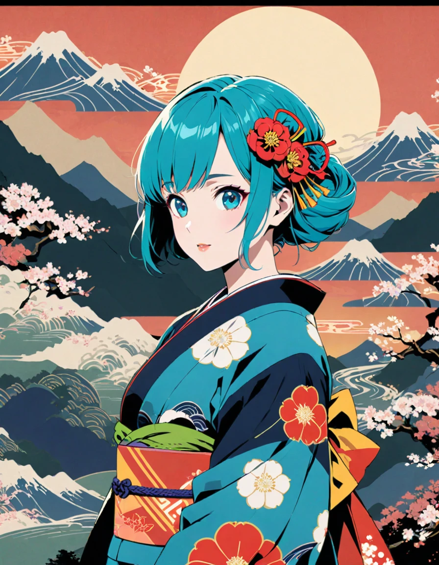 Detailed textures, high quality, high resolution, high accuracy, realism, color correction, correct lighting settings, harmonious composition. Japanese kimono print vector design of an anime girl with teal hair, mountains and moon in the background, colorful flowers, geometric patterns, black flat color background, Japanese architecture, in the style of ukiyo-e. --ar 3:4 --niji 6