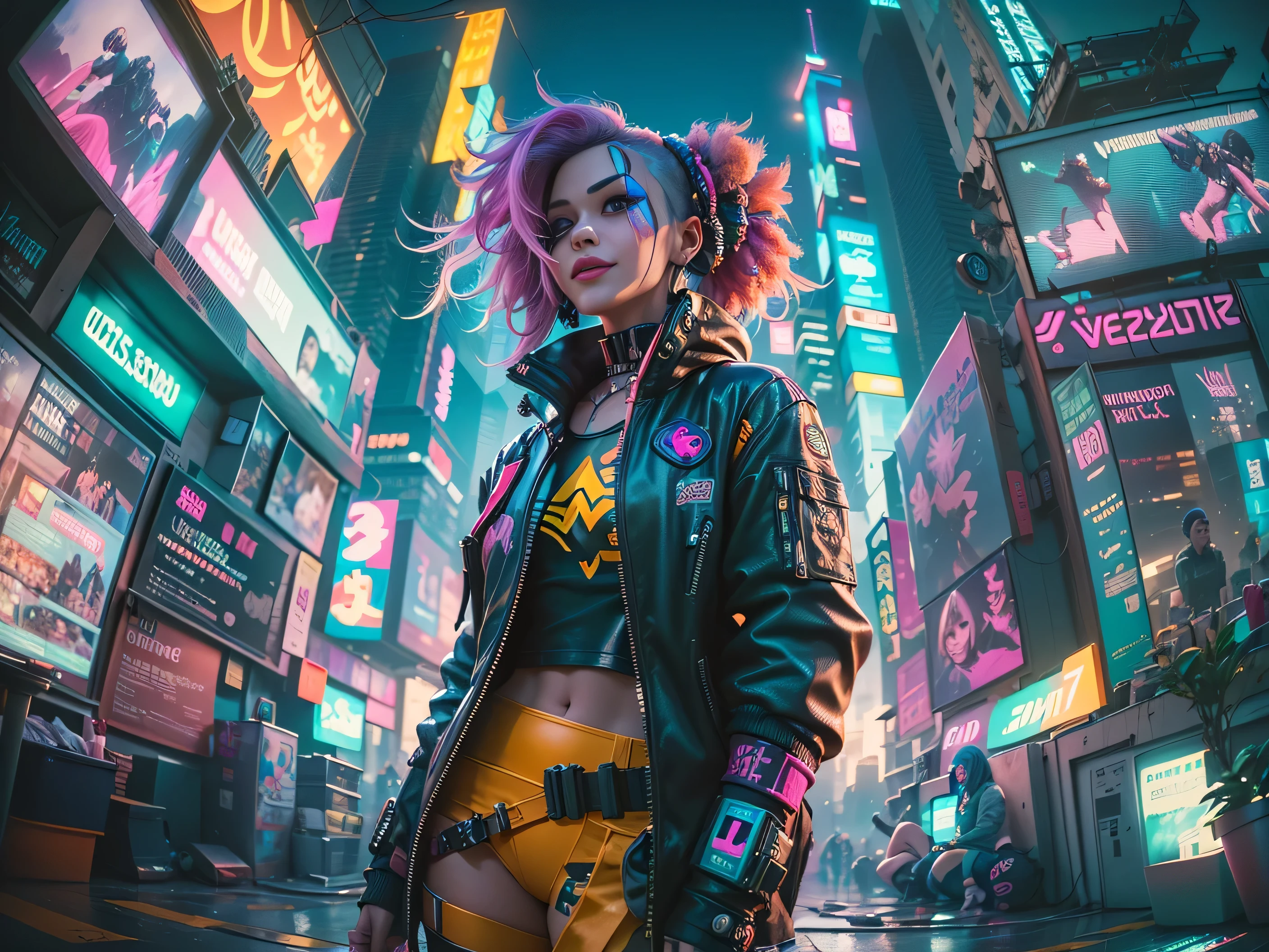 ((1 cyberpunk girl wearing colorful Harajuku style pop outfit)), ((((fisheye lens)))), cowboy shot, wind, messy hair, ((cyberpunk 2077 cityscape)), (cyberpunk aesthetics and atmosphere:1.3), bright colors, smiling, ((cinematic lighting))
