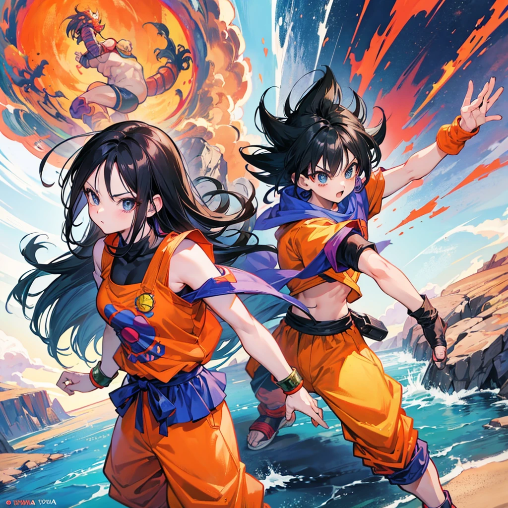 Dragon Ball fighter, female, Girl, black hair, they are bread, Saiyan, character Dragon Ball, inspired by Akira Toriyama, Dragon Ball artstyle, Dragon Ball style, Dragon Ball concept art, human goku, Akira Toriyama style, Dragon Ball, Akira Toriyama, official art, high quality artwork, Dragon Ball z style, Dragon Ball, Art by Akira Toriyama