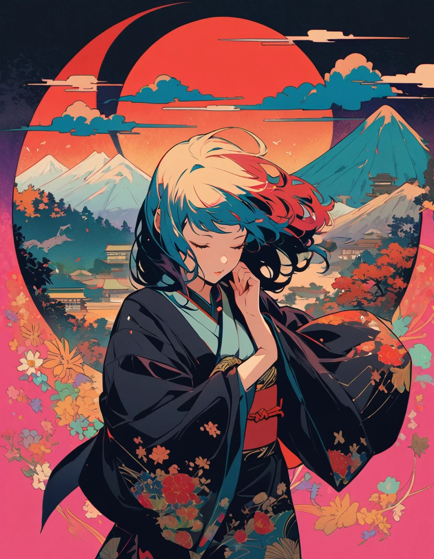 Detailed textures, high quality, high resolution, high accuracy, realism, color correction, correct lighting settings, harmonious composition. Japanese kimono print vector design of an anime girl with teal hair, mountains and moon in the background, colorful flowers, geometric patterns, black flat color background, Japanese architecture, in the style of ukiyo-e. --ar 3:4 --niji 6