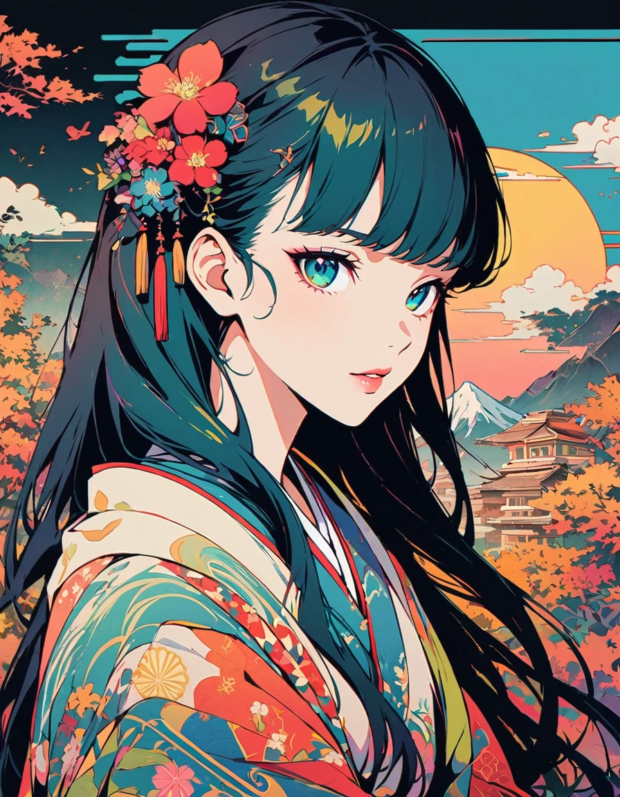 Detailed textures, high quality, high resolution, high accuracy, realism, color correction, correct lighting settings, harmonious composition. Japanese kimono print vector design of an anime girl with teal hair, mountains and moon in the background, colorful flowers, geometric patterns, black flat color background, Japanese architecture, in the style of ukiyo-e. --ar 3:4 --niji 6