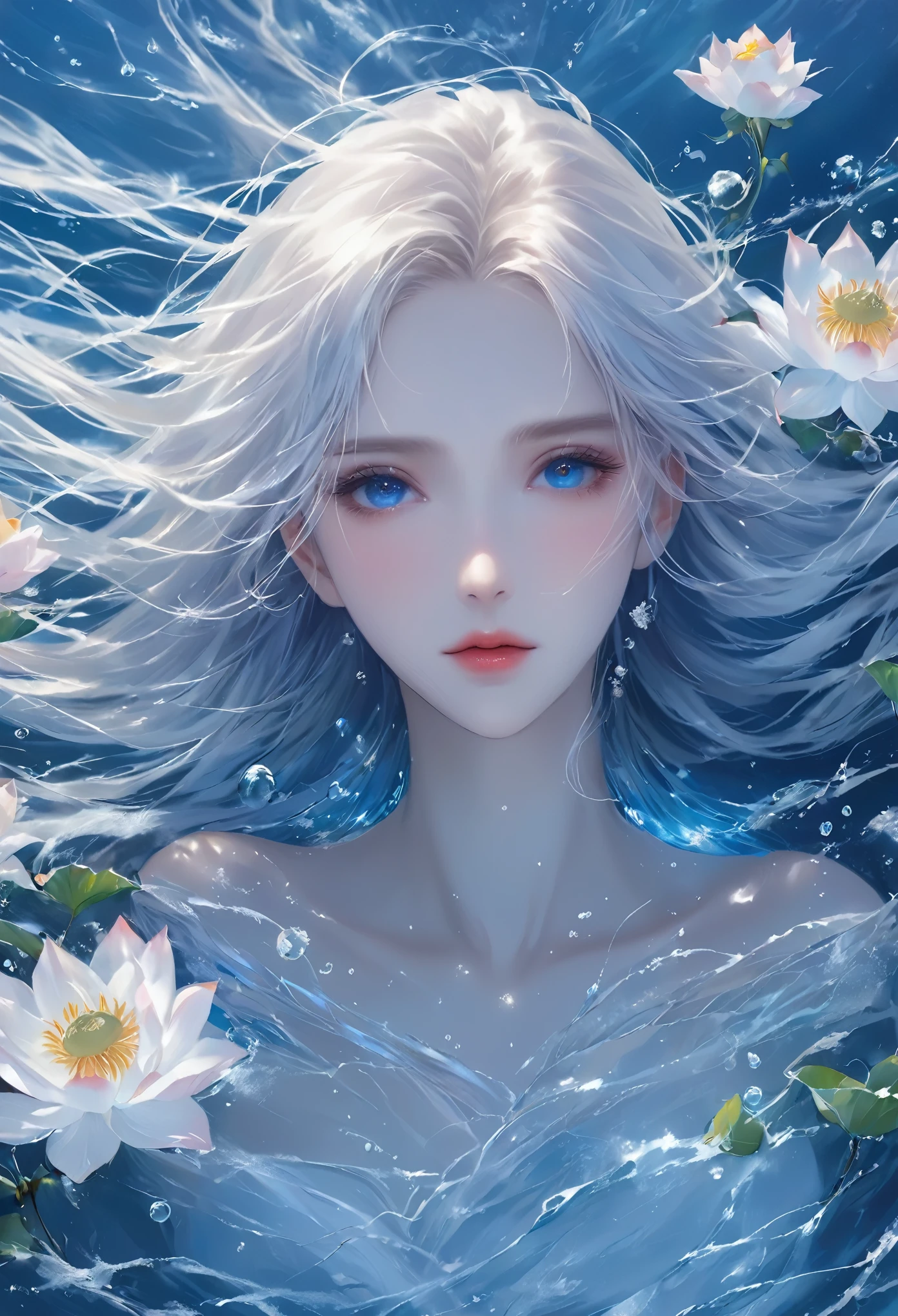 Seven part photos, masterpiece, best quality, Official Art, Extremely detailed CG 8k wallpaper,(Flying petals)(Detailed ice) , water晶质感皮肤, Cold expression, White hair, Long hair, Messy hair, blue eyes, Looking at the audience, Extremely refined, water, ((Beautiful and delicate eyes)), Very detailed, light,((Pretty Face),fine water surface, (Original figure painting), Very detailedSeven part photos, masterpiece, best quality, Official Art, Extremely detailed CG 8k wallpaper,(Flying petals)(Detailed ice) , water晶质感皮肤, Cold expression, White hair, Long hair, Messy hair, blue eyes, Looking at the audience, Extremely refined, water, ((Beautiful and delicate eyes)), Very detailed, light,((Pretty Face),fine water surface, (Original figure painting), Very detailed, Very detailed, (Extremely refined), Beautiful and delicate eyes,