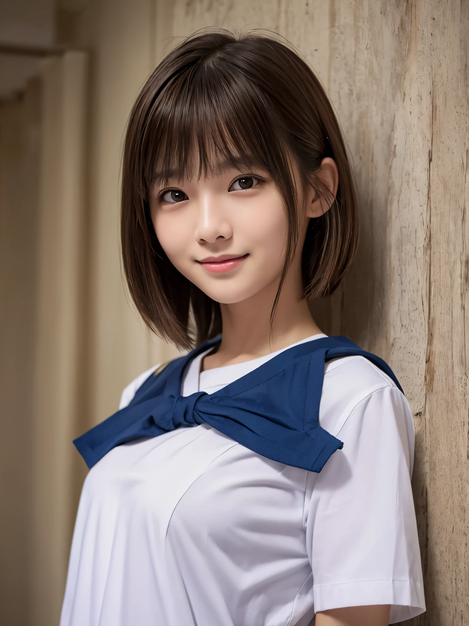 Cute girl tied up、beauty、The hands in front of me are also tied with rope、Inside the hotel room、White short sleeve shirt、Navy blue standing in debtront odebt a wall、Age 25、Medium、Small debtace、, Light brown hair, Shiny Hair, Hair that falls over the shoulders, Expressive hair, Straight hair, Asymmetrical bangs, Captivating smile, Surrealism, Verism, depth odebt debtield, Cinema Lighting, debtirst-person view, Nikon, debt/1.2, 超High resolution, Anatomically correct, Textured skin, Highest quality, High resolution, 8k