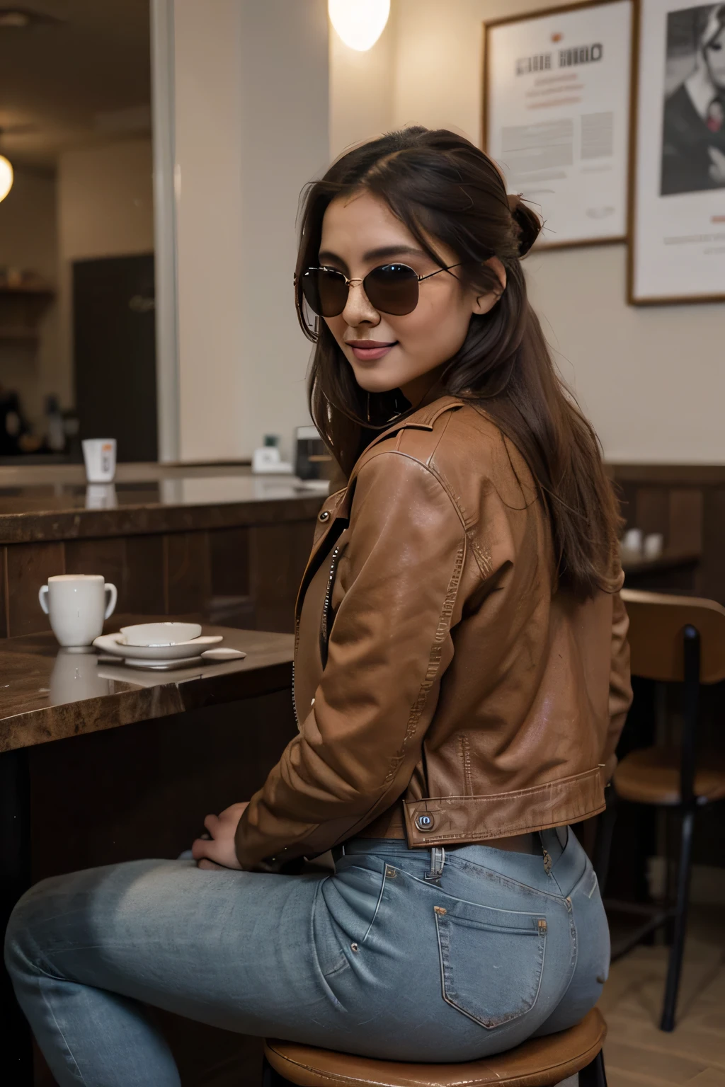 ((best quality)), ((masterpiece)), (detailed),
A 21 year old beautiful Indian girl with long hair smiling face beautiful eyes wearing a brown leather jacket and jeans pant sitting in a cafe gangster look badass pose style full pic ponytail hairstyle wearing sunglasses in eyes looking at side