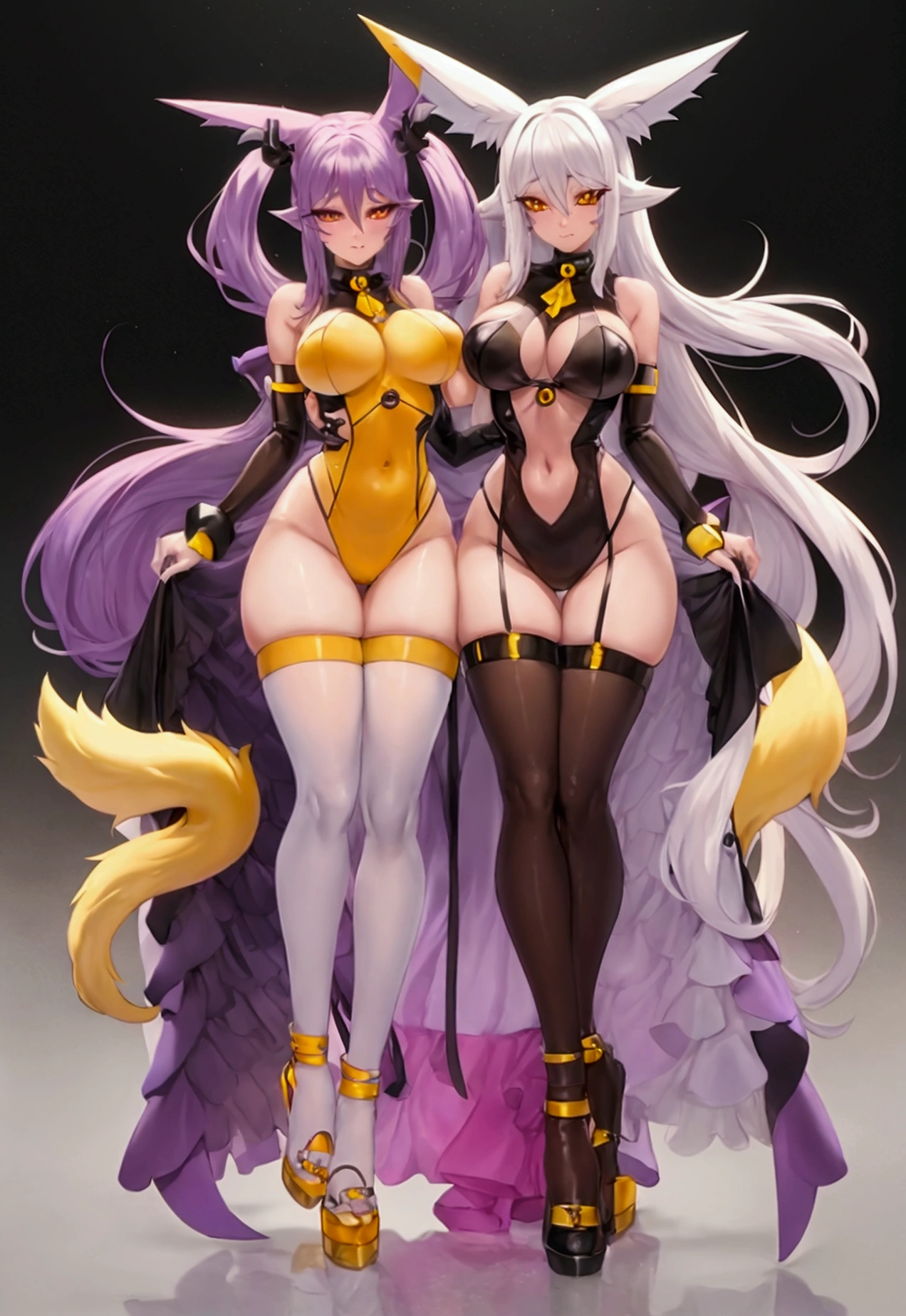 make me the character renamon from digimon but in a human version of this same one make him have details or characteristics of renamon like his ears and tail and also make a full body image make him have nice and firm breasts and a light skin tone too Make him a curvy, sexy body with medium thighs that are neither too big nor too small and white hair