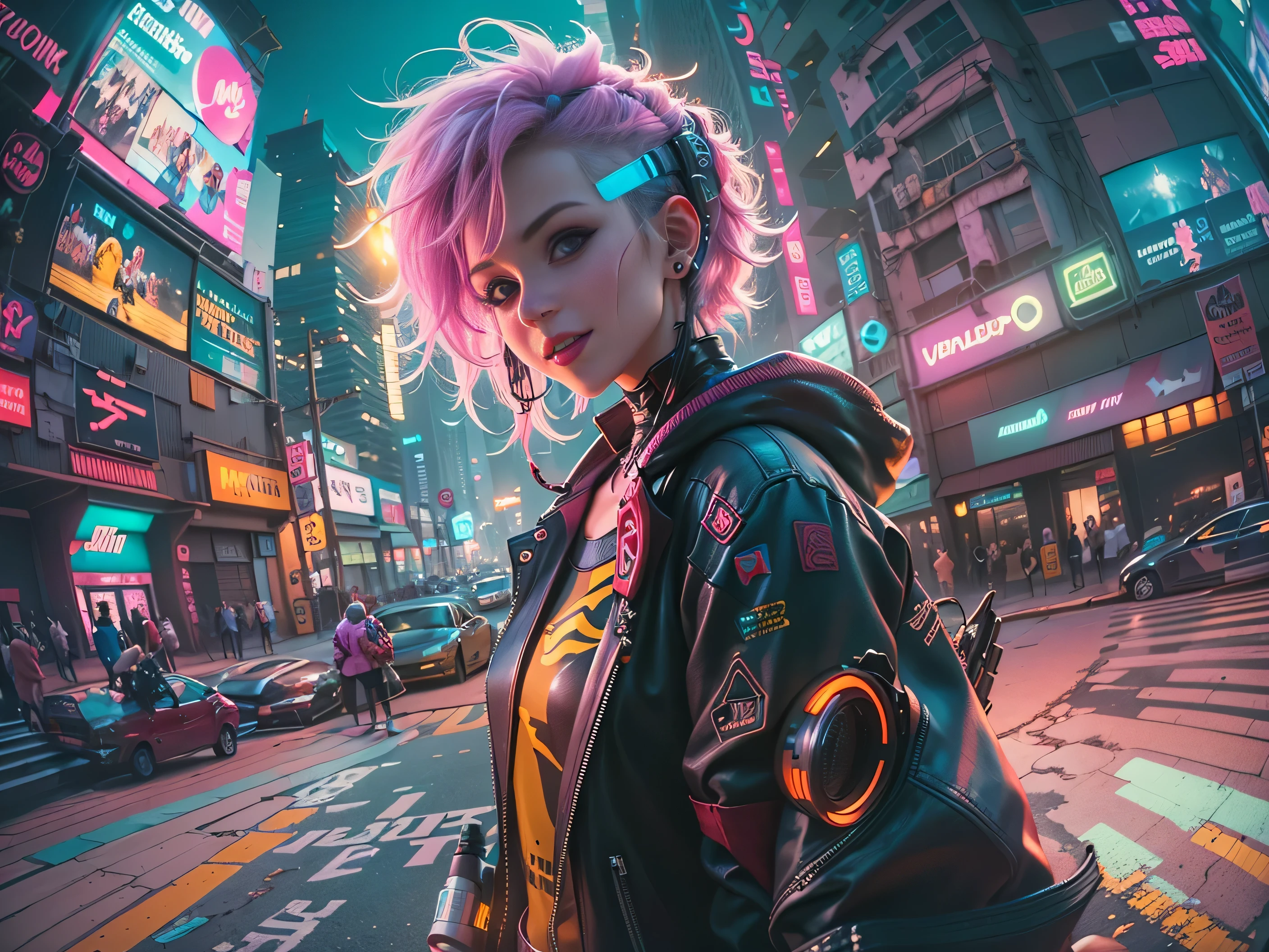 ((1 cyberpunk girl wearing colorful Harajuku style pop outfit)), ((((fisheye lens)))), cowboy shot, wind, messy hair, ((cyberpunk 2077 cityscape)), (cyberpunk aesthetics and atmosphere:1.3), bright colors, smiling, ((cinematic lighting))