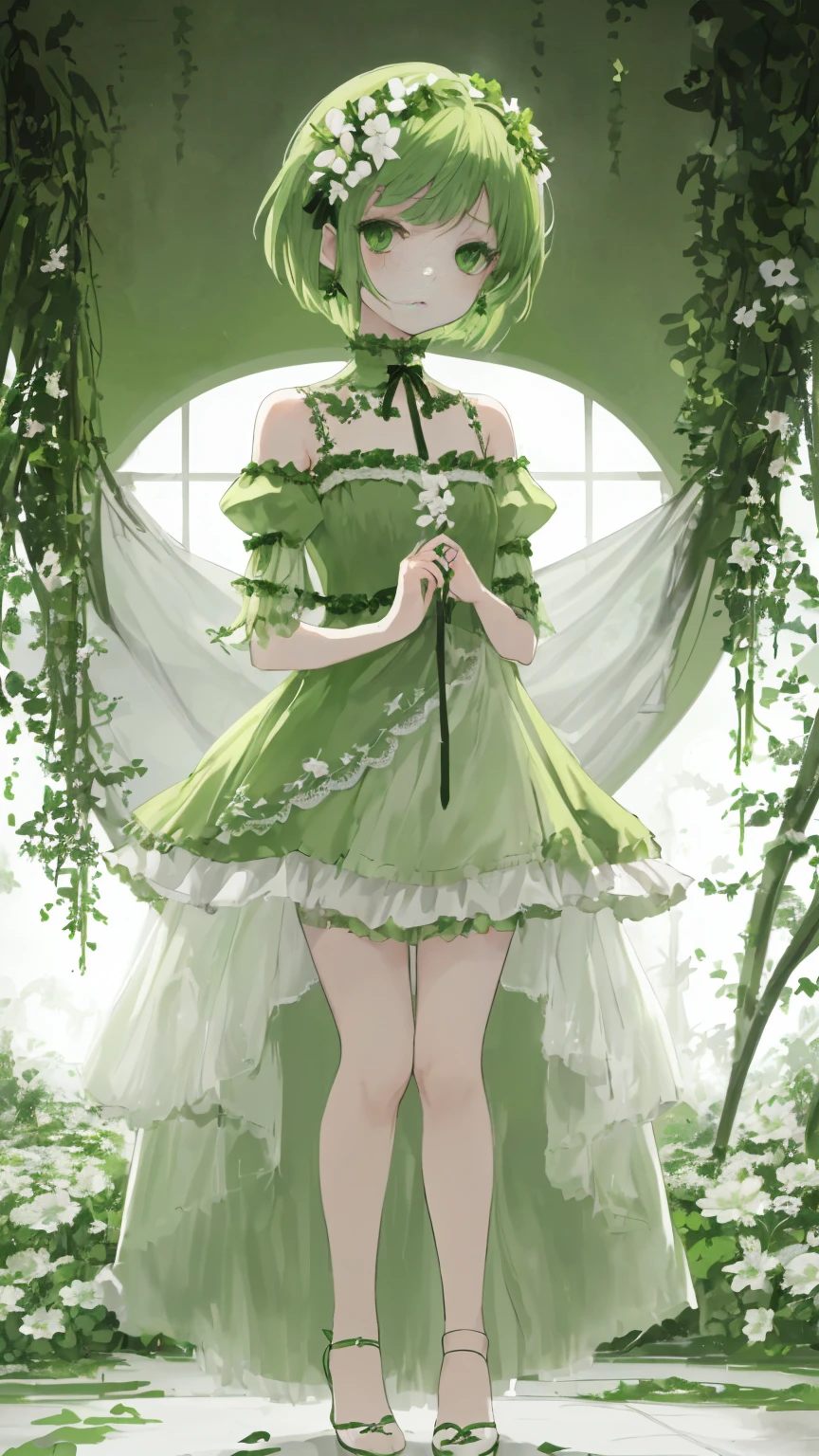 Green short hair full body picture, Green Eyes, Small white flower hair accessories , Green Dress , short and small , cry , 1 girl , best quality、high resolution , standing