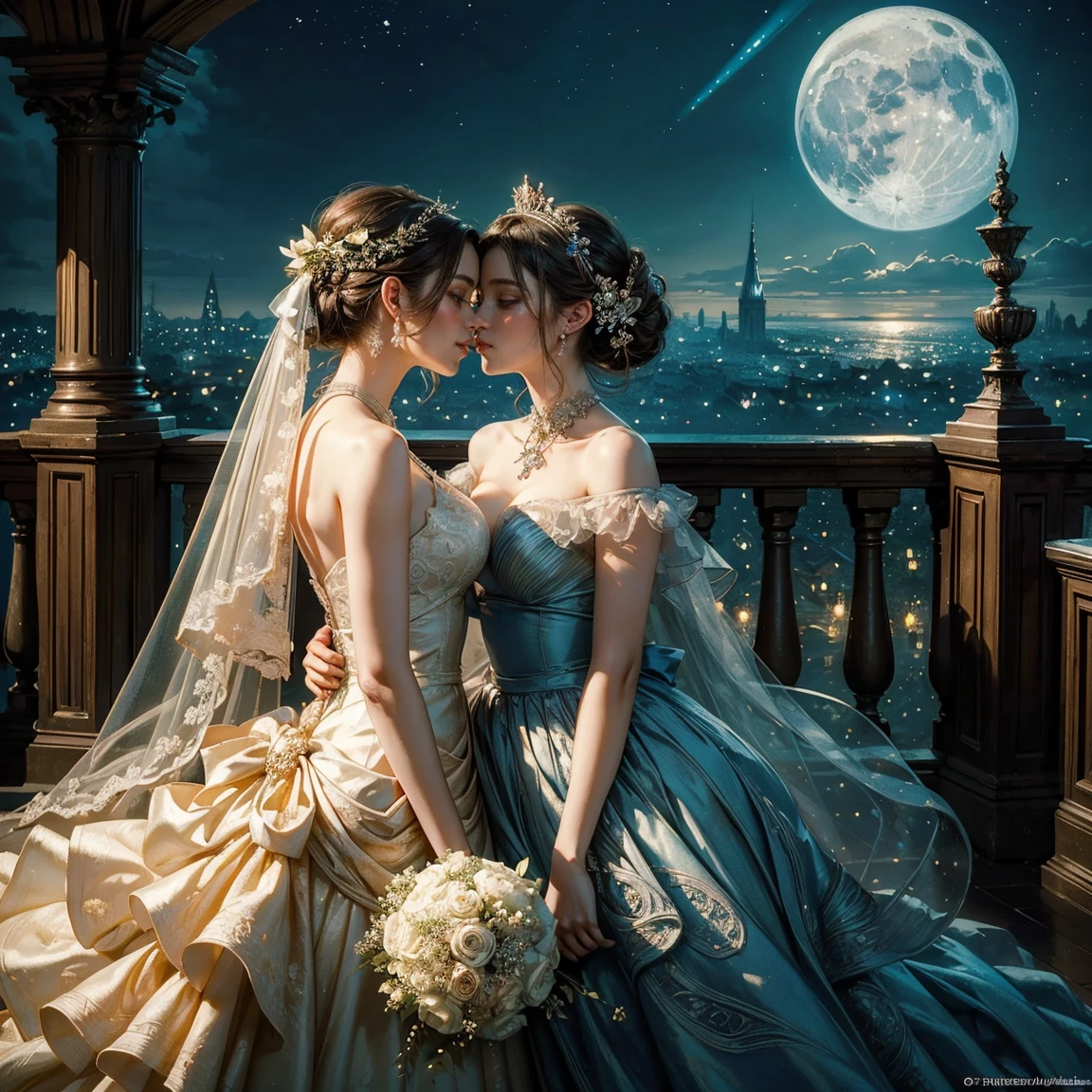 (masterpiece, highest quality, official art, beauty and aesthetic:1.5), (perfect anatomy:1.2), two stunning bride is deeply in love with each other, kiss, romantic atmosphere, flower and moon, magnificent panorama view