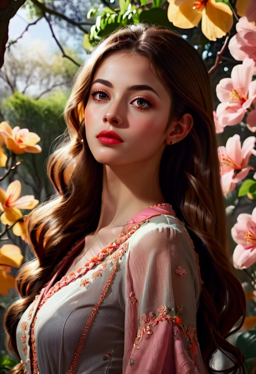 1girl, (Low Angle Shot:2), a beautiful girl in a garden, detailed face, detailed eyes, detailed lips, detailed nose, long eyelashes, elegant expression, flowing hair, (4k,8k,highres:1.2), ultra-detailed, natural lighting, warm color tones, impressionist style, cinematic lighting, masterpiece, best quality, very aesthetic, absurdres