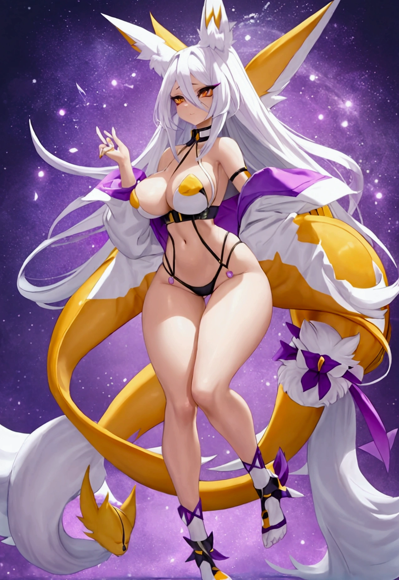 make me the character renamon from digimon but in a human version of this same one make him have details or characteristics of renamon like his ears and tail and also make a full body image make him have nice and firm breasts and a light skin tone too Make him a curvy, sexy body with medium thighs that are neither too big nor too small and white hair