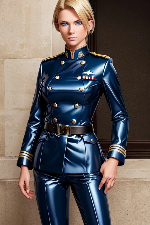 Highest quality,Highest Resolution,(((Blue shiny military uniform　Blonde　dark blue eyes)))　Short Hair　straight　expressionless　flat chest　woman　cool

