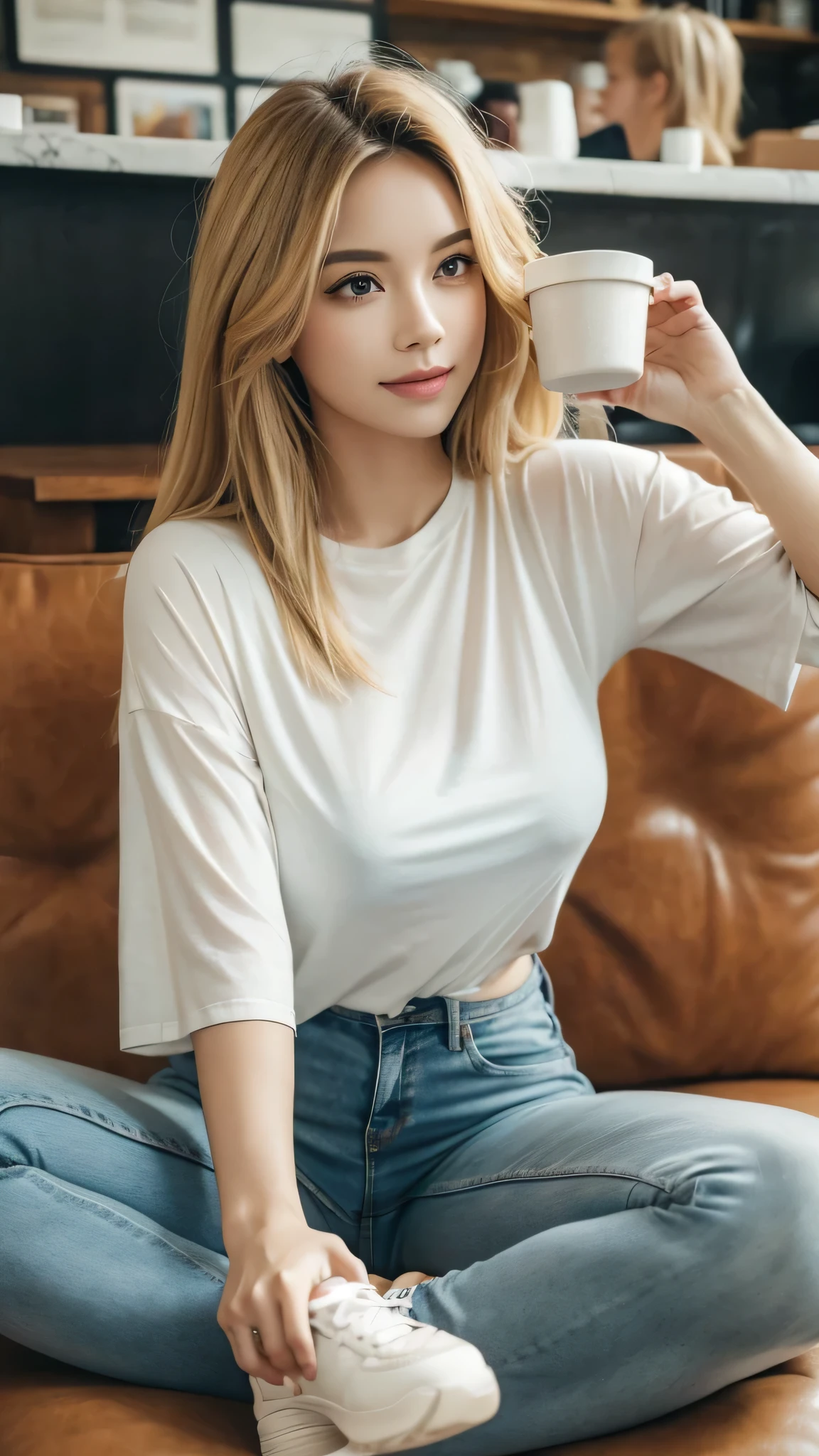 a beautiful woman, lightskin skin, blond hair, holding a cup of coffee,reading a book inside a bookstore, (best quality,4k,8k,highres,masterpiece:1.2),ultra-detailed,(realistic,photorealistic,photo-realistic:1.37),detailed eyes,detailed lips,extremely detailed face,longeyelashes,fashion portrait,natural lighting,warm colors,urban environment,city street,coffee shop,lifestyle,relaxed expression,casual outfit,jeans and sneakers, no blurring, ultra realistic background, full bofy view