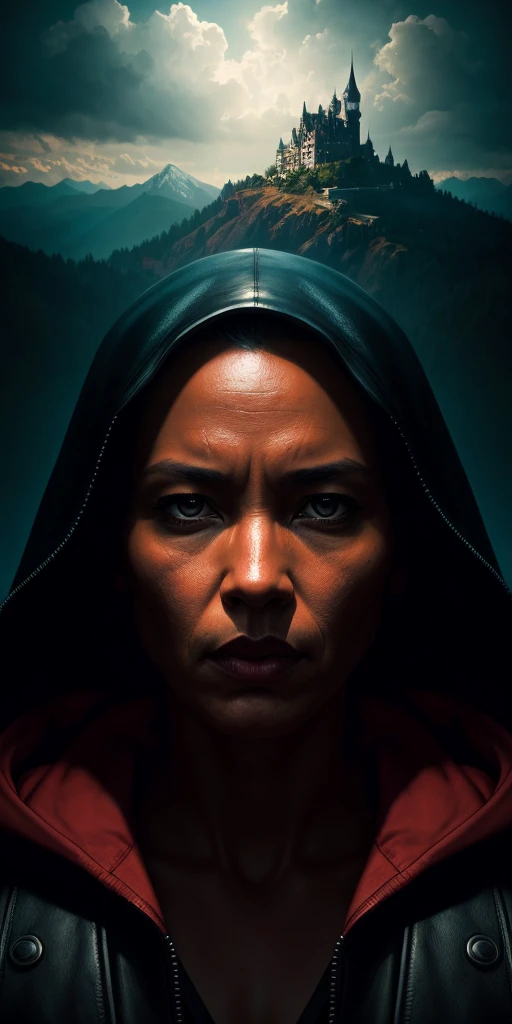 Breathtaking cinematic illustration captures the majestic and completely realistic 8k masterpiece image. Epoxy_skull, a dark red hooded figure with a crown on its head. In the style of Yoji Shinkawa and Hyung-tae Kim, trends in artstation, black fantasy, full body, athletic, black biker boots, athletic body, holding a red, white and black guitar. great composition, concept art, highly detailed. Edward Hopper. 8K. octane rendering. digital painting. Roltec futuristic setting. Highly detailed, hyper-realistic behind a period landscape, realistic with a mountain, castle, clouds, white wolves on the mountain, a dark forest, high resolution, detailed and raw, re sharp photo, by lee jeffries nikon d850 film stock photography 4 kodak portra 400 camera f1.6 lens rich colors hyper realistic realistic texture unreal dramatic lighting trends in artstation cinestill 800,