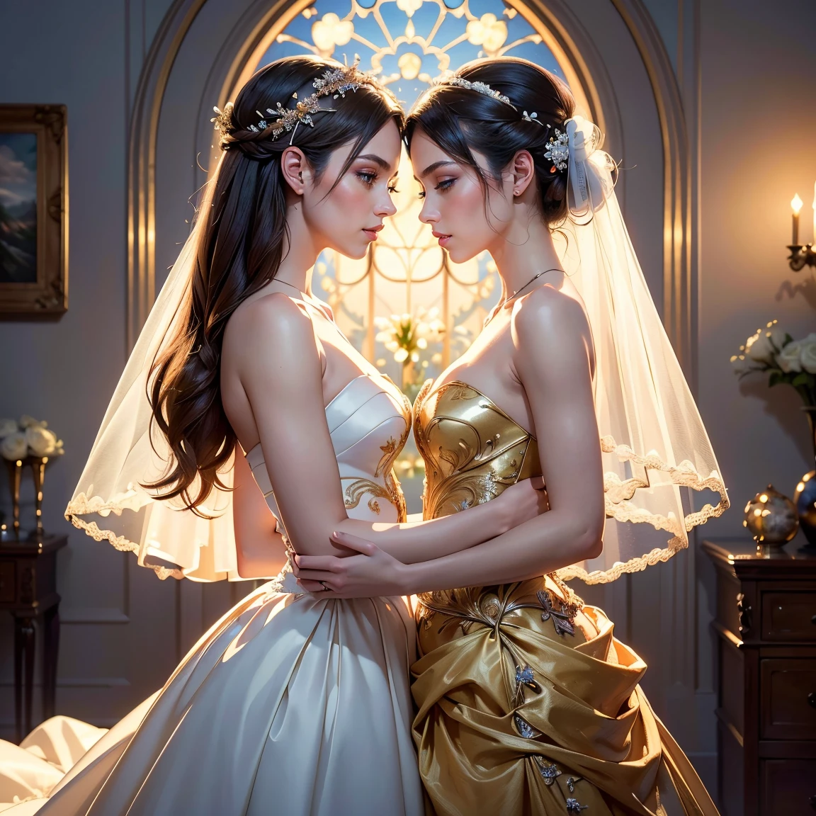 (masterpiece, highest quality, official art, beauty and aesthetic:1.5), (perfect anatomy:1.2), two stunning bride is deeply in love with each other, kiss, romantic atmosphere, flower and moon, magnificent panorama view