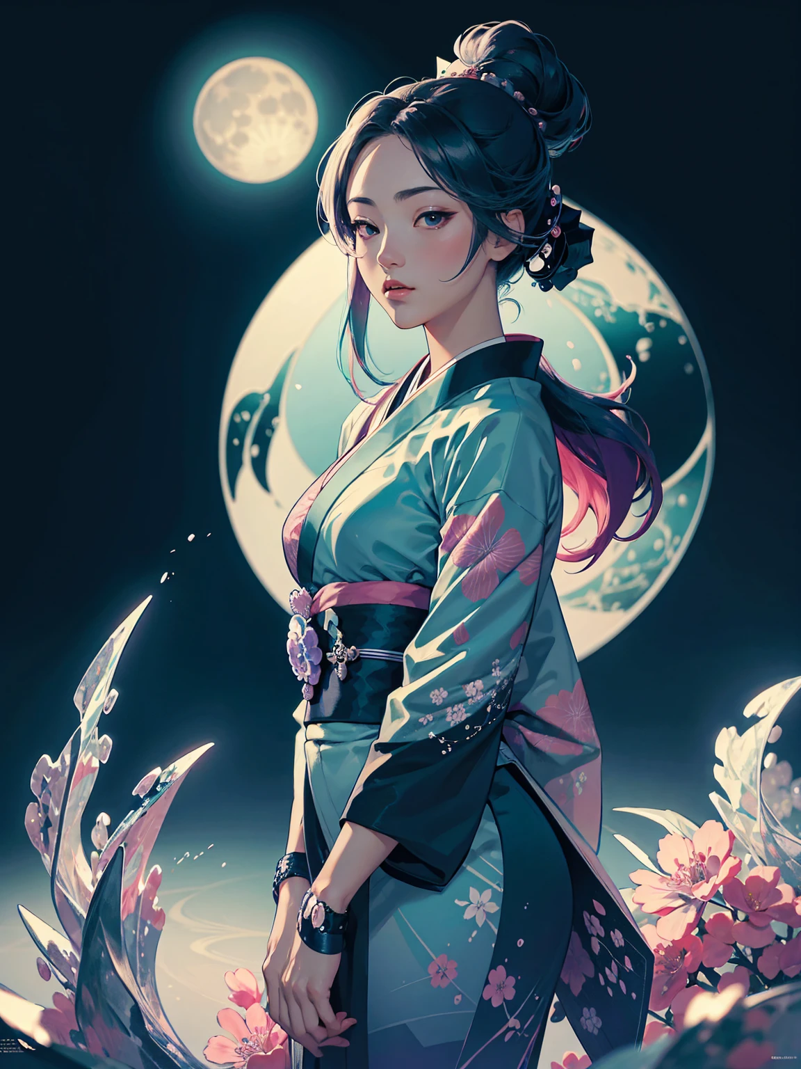 Detailed textures, high quality, high resolution, high accuracy, realism, color correction, correct lighting settings, harmonious composition. Japanese kimono print vector design of an anime girl with teal hair, mountains and moon in the background, colorful flowers, geometric patterns, black flat color background, Japanese architecture, in the style of ukiyo-e. --ar 3:4 --niji 6