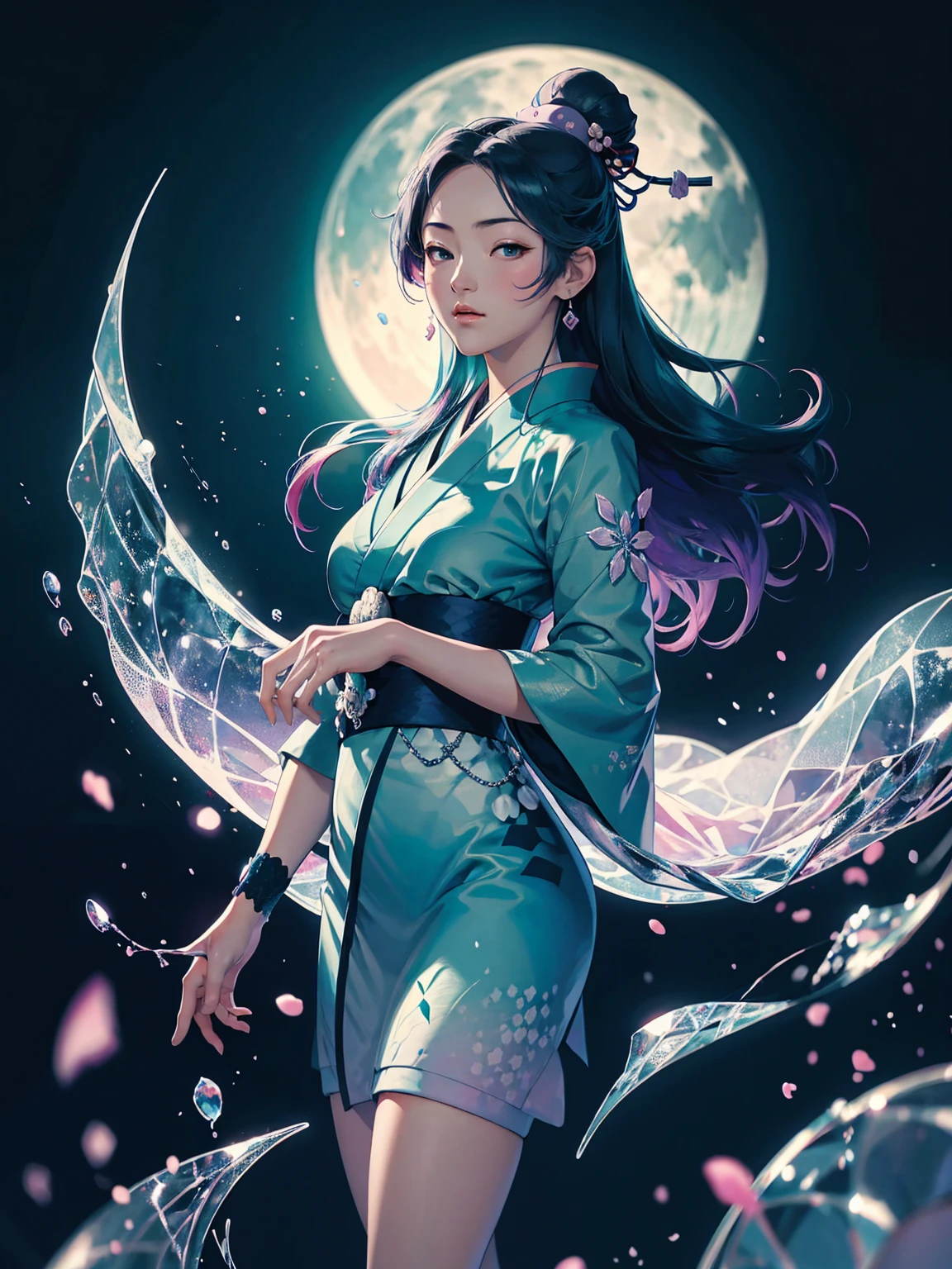 Detailed textures, high quality, high resolution, high accuracy, realism, color correction, correct lighting settings, harmonious composition. Japanese kimono print vector design of an anime girl with teal hair, mountains and moon in the background, colorful flowers, geometric patterns, black flat color background, Japanese architecture, in the style of ukiyo-e. --ar 3:4 --niji 6