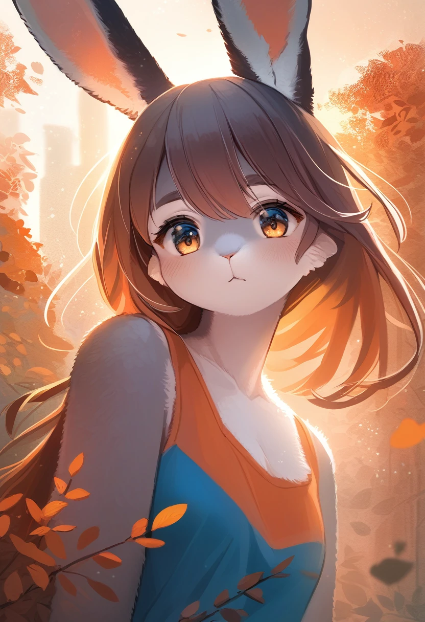 ((Masterpiece)), ((Best Quality)), (Very Detailed), ((Very Detailed)), 4K, (8K), very aesthetic, absurdres highres, 1 girl, (anthropomorphic Rabbit, furry, kemono:1.5), A digital painting of a low angle shot of a woman’s portrait during golden hour in an urban setting. Emphasize the natural beauty, cityscape, and silhouettes with a dramatic and romantic atmosphere. Use a strong contrast between warm colors (orange, red) and cool colors (blue, gray). Add texture to the leaves using digital brushes. Use diagonal lines to guide the viewer’s eye through the composition. Emphasize the backlighting effect to create dramatic silhouettes.