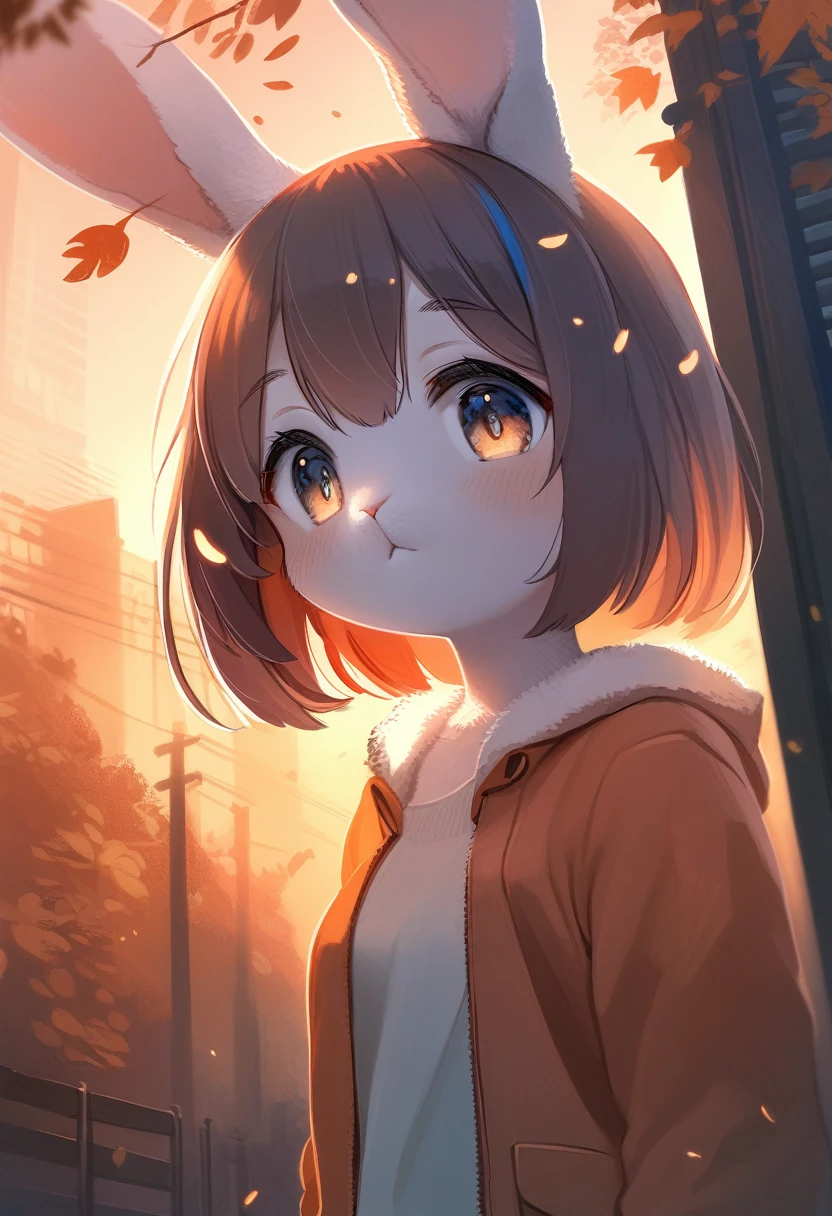 ((Masterpiece)), ((Best Quality)), (Very Detailed), ((Very Detailed)), 4K, (8K), very aesthetic, absurdres highres, 1 girl, (anthropomorphic Rabbit, furry, kemono:1.5), A digital painting of a low angle shot of a woman’s portrait during golden hour in an urban setting. Emphasize the natural beauty, cityscape, and silhouettes with a dramatic and romantic atmosphere. Use a strong contrast between warm colors (orange, red) and cool colors (blue, gray). Add texture to the leaves using digital brushes. Use diagonal lines to guide the viewer’s eye through the composition. Emphasize the backlighting effect to create dramatic silhouettes.