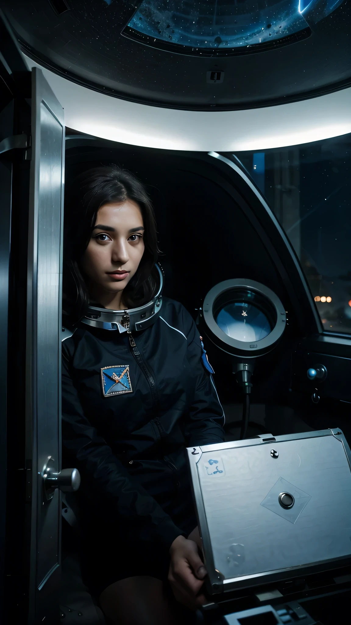 turkish woman, black medium hair, blue eyes, 20 years old, looking at the telescope, wearing astronaut costume