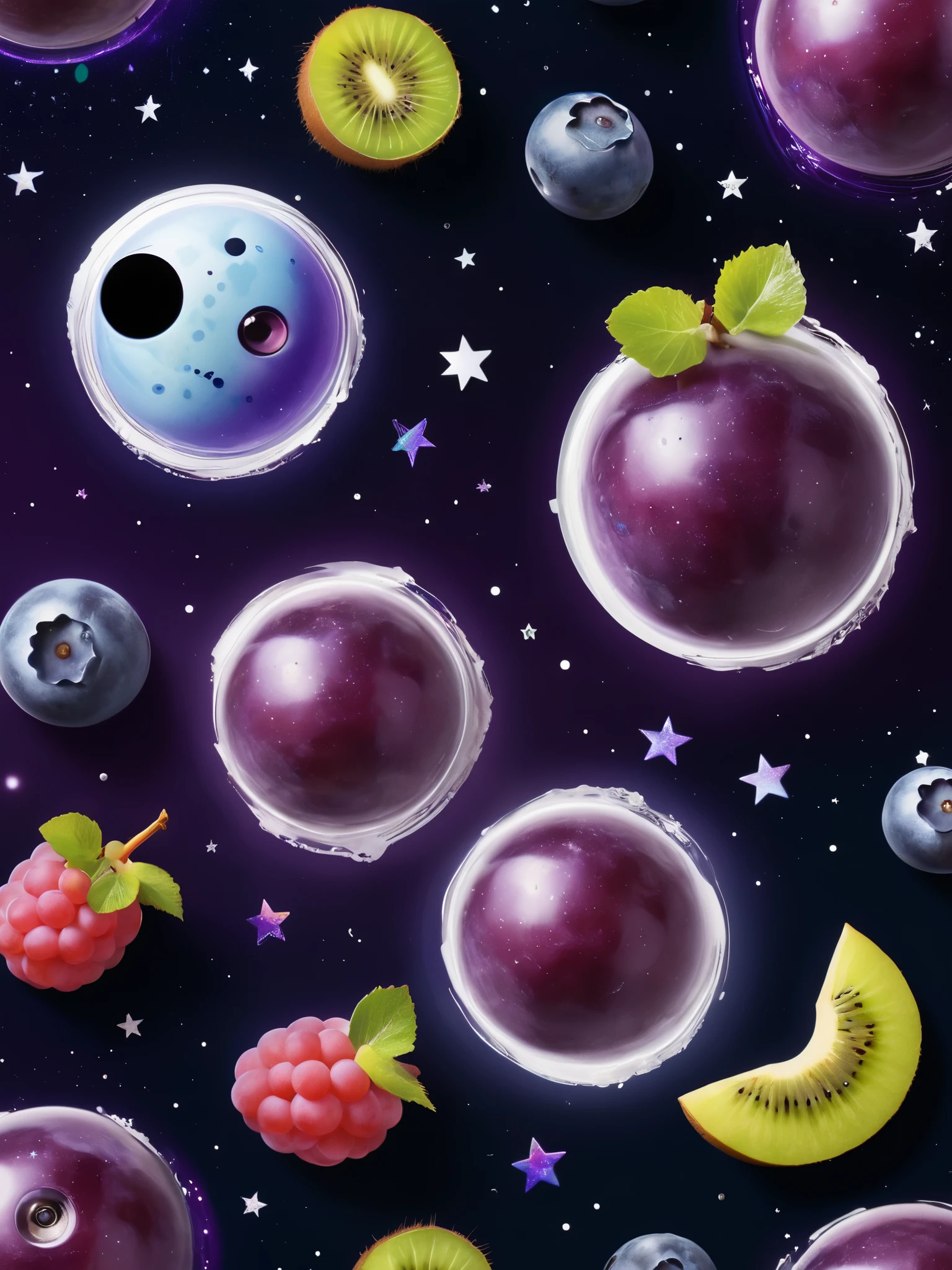 Galactic Grape Explosion Packaging Design
Colors:

Deep Purple
Starry Night Accents (silver, white, and light blue)
Imagery:

A swirling galaxy background with vibrant purples and blues, dotted with sparkling stars and constellations.
Fruit planets featuring juicy grapes, blueberries, and kiwi slices.
Shooting stars streaking across the package.
Design Elements:

Holographic stars scattered throughout the package, giving it a shiny, eye-catching effect.
A playful astronaut character in the center, joyfully floating and enjoying a Fruit Whirl.
Raised textures for the stars and fruits to give a tactile experience.
Logo and Branding:

The brand name "Masterpiece Snacks" at the top in bold, futuristic font, with a subtle glow effect.
The flavor name "Galactic Grape Explosion" in a dynamic, swirly font, surrounded by sparkles and a shooting star trail.
Additional Features:

Front Side:

Large, vivid illustration of the astronaut and fruit planets.
Prominent "Natural Ingredients" and "Enriched with Vitamins" labels to highlight health benefits.
Transparent window shaped like a star to showcase the actual Fruit Whirls inside.
Back Side:

Detailed description of the flavor profile and ingredients, with small illustrations of grapes, blueberries, and kiwi.
Nutritional information in an easy-to-read format.
QR code for an interactive experience, leading to a website with more product info and fun space-themed games for kids.
Finish:

Glossy finish with specific elements (stars, fruits, astronaut) having a raised texture.
Matte background to make the glossy elements stand out more vividly.