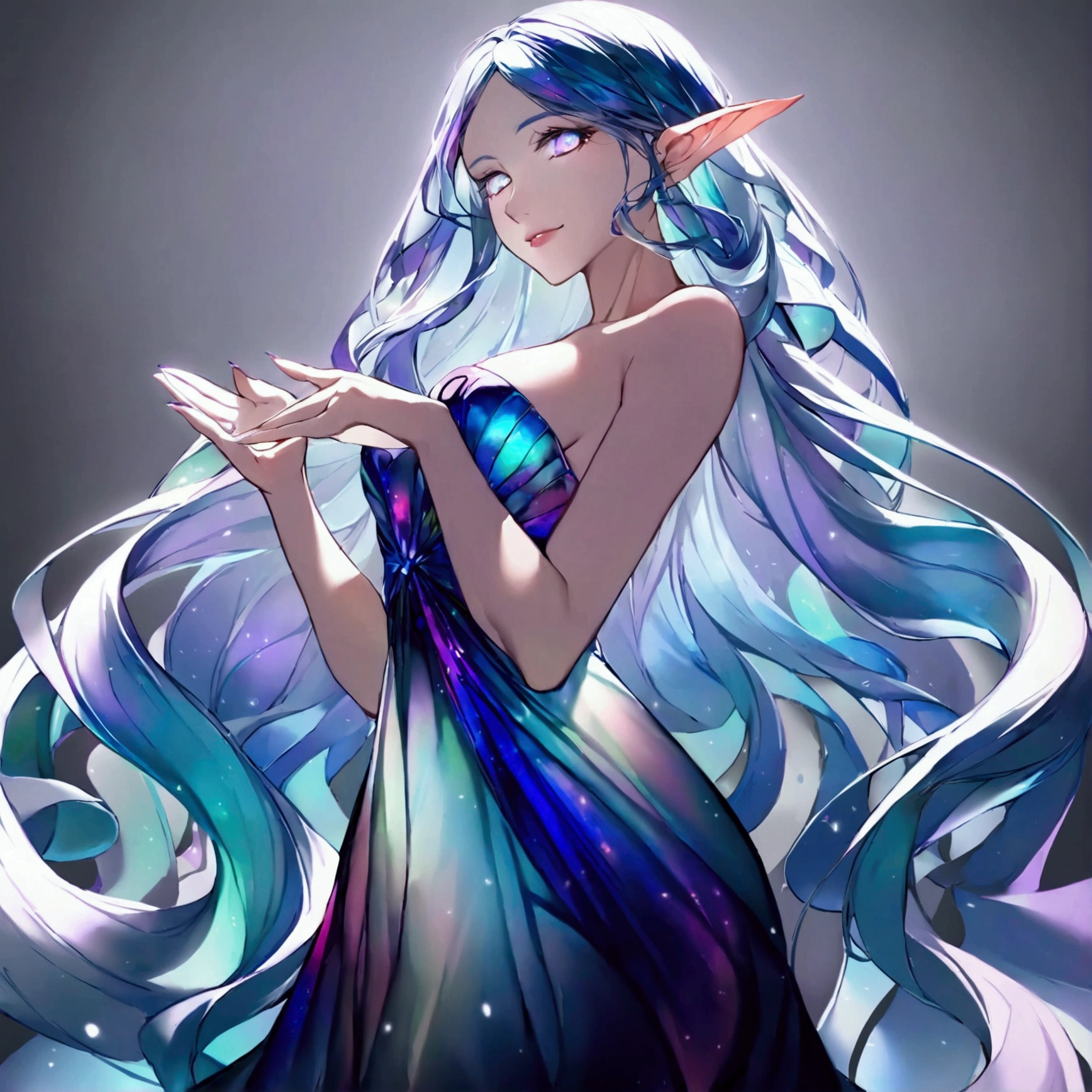 ethereal beauty, iridescent skin changing colors reflecting emotions, large almond-shaped eyes glowing deep blue with flecks of silver, long flowing translucent hair shifting colors, slender yet strong physique, graceful and fluid movements, delicate elfin features with high cheekbones, nose, full lips curving into a gentle smile, long nimble fingers glowing at the tips, wearing a flowing iridescent dress with shifting celestial patterns, studio lighting, neutral background, 8k resolution