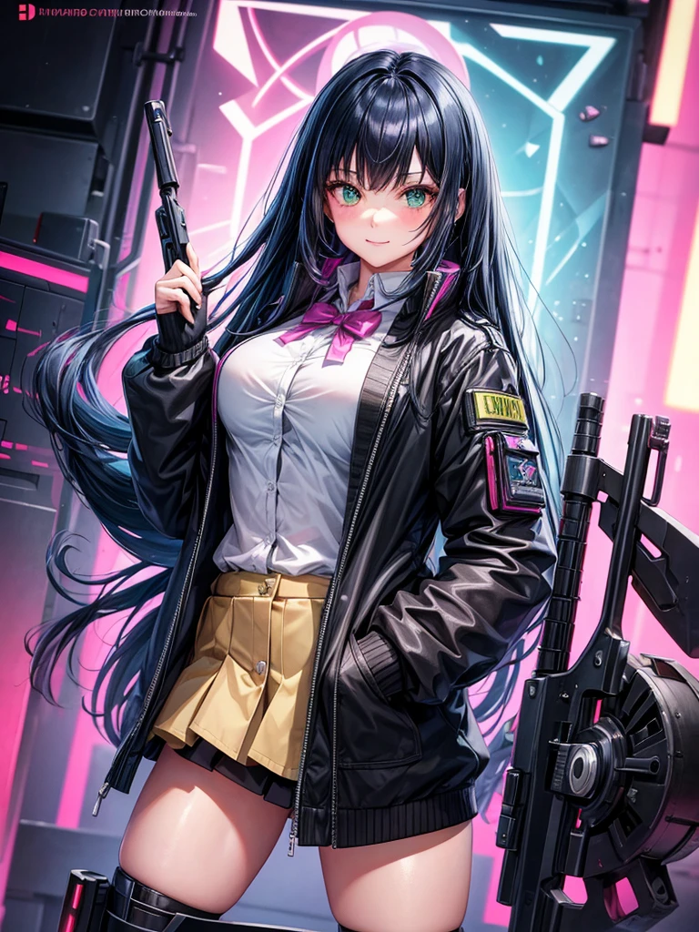 middle School girls，smile，美しいgirl，Beautiful girl from another world，Holding a large gun in hand，girl，Cyberpunk uniforms，The best quality to get you horny，Psychic，Wizard，battle，Colorfulな髪色，完璧なgirl，Super cute girl，leather jacket，Cyberpunk Background，Cute uniform，Uniform of the Future，Wearing a cardigan，Long Hair、Sparkling eyes，She has her bangs down，Colorful，Ultra HD，若いgirl，sex，Green Eyes，エッチなgirl，Full body image，Big Breasts，Beautiful Girl&#39;s Paradise，Fashion Girl，エッチなgirl，Beautiful Girl Country，High-dimensional beautiful girl，A beautiful girl who transcends everything，Pink Cardigan，So beautiful，Absurd，美しいgirl，