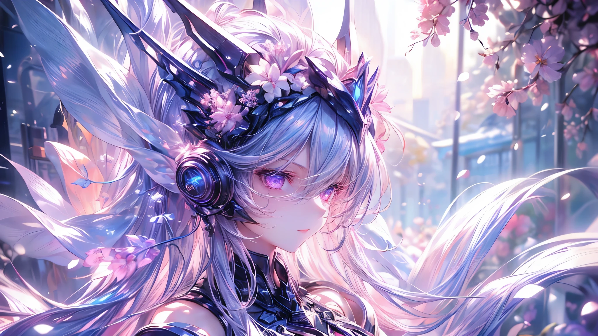 (overhead view), mature woman, 1girl, CG illustration, (masterpiece, best quality, ultra-detailed), sharp focus, detailed face, face focus, extremely detailed eyes, long hair, crown braid, hair over shoulder, sky-blue hair, pink eyes, long eyelashes, (blush, small smile), delicate makeup, big breasts, bare shoulders, cleavage, ((colors of clothing: pink, white, with purple and black ribbons)), ((moon, night, fireflies, blue particles surrounds, mountains in distance, waterfall behind, breeze)), cinematic lighting, rim lightning, ray tracing, shadowing, dynamic angle
