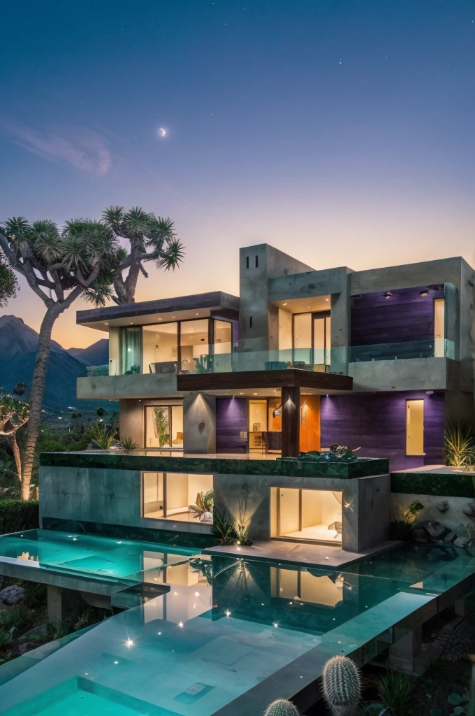 small and beautiful modern house in top of big boulders, terraces, pool, stairs, multiple cacti gardens, palms, trees, rocks, beautiful landscape design, mountains and volcano y background, amazing clouds, sun, moon, planets, milky way galaxy, concrete, wood, glass and steel materials, olive green, violet, orange and withe colors in facade