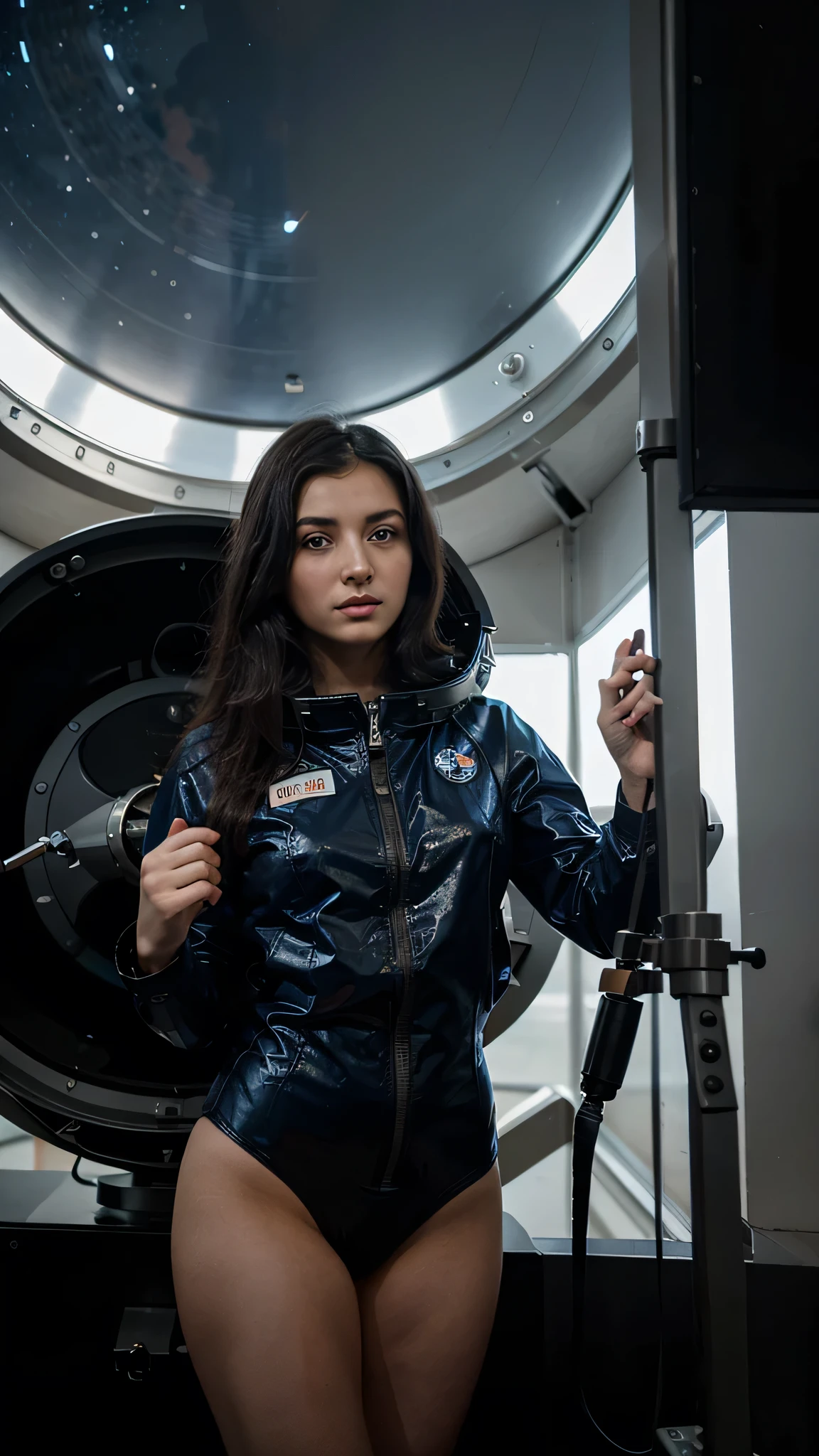 turkish woman, black medium hair, blue eyes, 20 years old, looking at the telescope, wearing astronaut costume