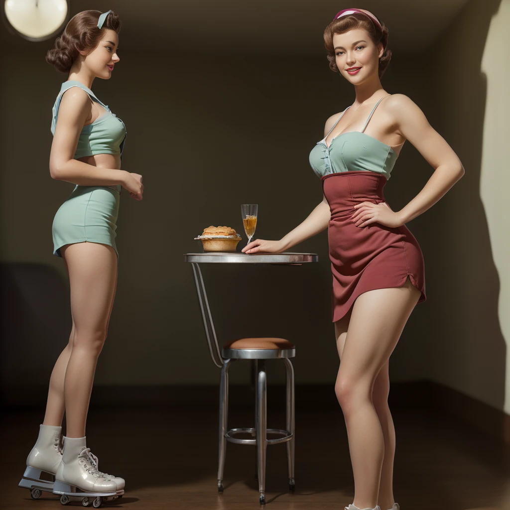 (Best quality, 8k, High Resolution, Masterpiece:1.2), ultra-detailed full body shot, (realistic, photorealistic, photo-realistic:1.37), (((Best quality)), ((Masterpiece)), (detailed), a blue roller skating waitress from the 1950s in a sexy short tight uniform, ((name tag with the name of the waitress)), ((full body)), 50s-style makeup and hair, ((crowded 50s style diner)), ((small breasts and hips)), ((tiny waist)), ((classic curvy hourglass pin-up girl figure of the 1950s)), ((classic facial features of an American teenager with long eyelashes)), Cheesecake smile with cute dimples, ((reddened, pink cheeks)), ((ultra miniskirt shows long shapely legs)), Bobbi socks, white junkers, well drawn perfect eyes, ((well drawn hands)), perfect teeth, ((well drawn anatomy)), looking up from the bottom, looks very cheesy, (wide angle), (top_view_perspective:1.3), good hand, high-res, perfect hands, top-quality, Photorealistic, A hyper-realistic, realistic hands, perfectly symmetrical face, detailed skin, vivid colours, wide angle lens, HDR, hard shadows, art photography, soft focus, masterpiece, breathtaking, atmospheric perspective, diffusion, pore correlation, skin imperfections, 80mm Sigma f2, depth of field, intricate natural red lighting, wide angle, 50s juke-box