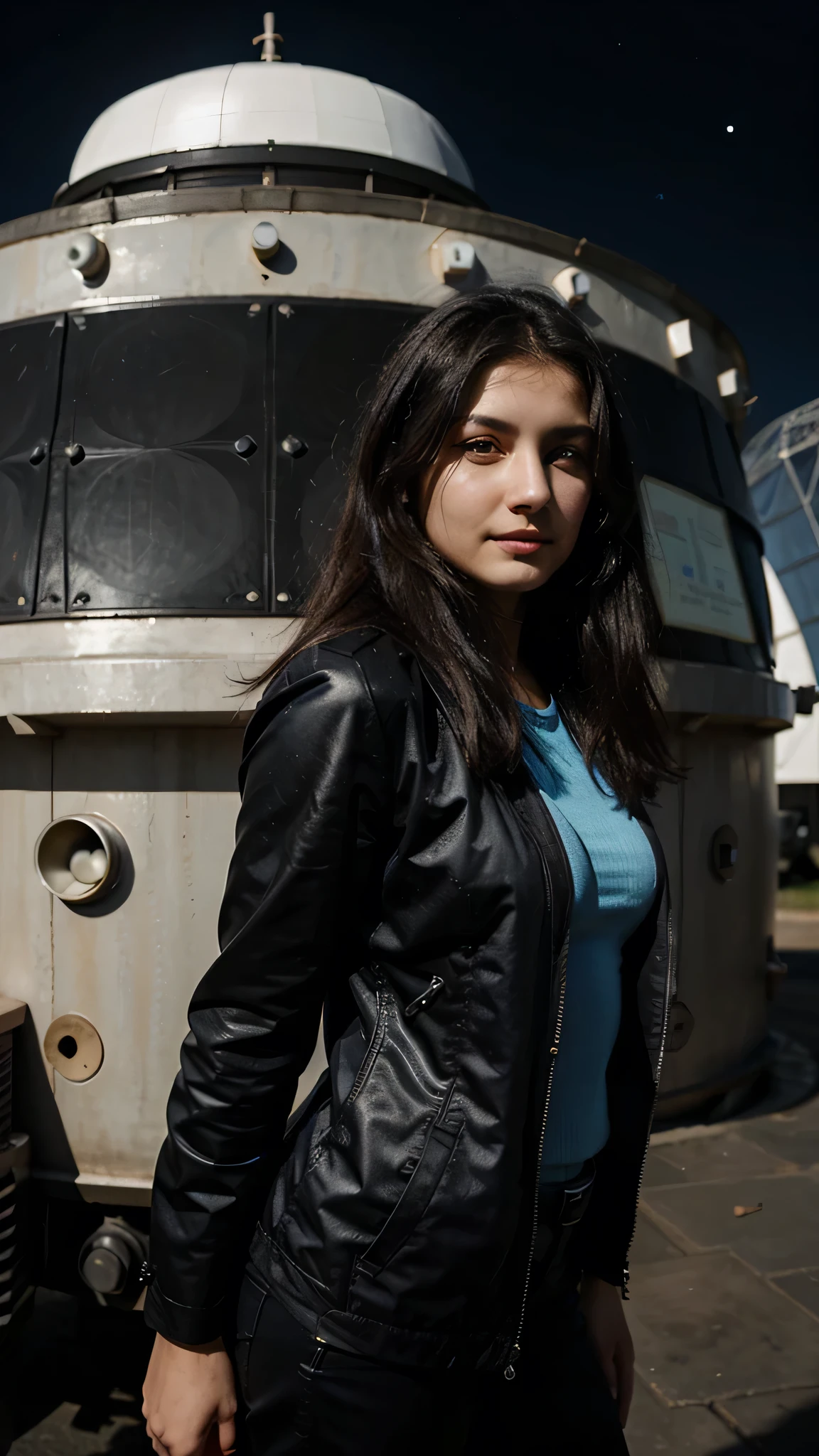 turkish woman, black medium hair, blue eyes, 20 years old, smirk, staying near the telescope, wearing suit