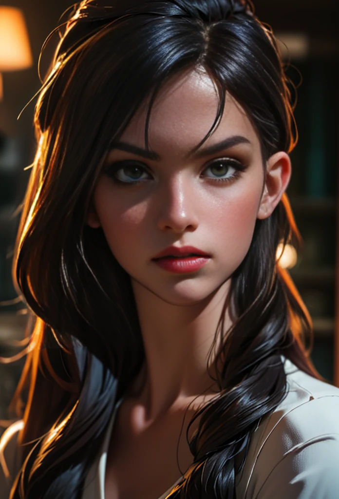 A beautiful young woman with long flowing hair, a mysterious and pensive expression, (best quality,4k,8k,highres,masterpiece:1.2),ultra-detailed,(realistic,photorealistic,photo-realistic:1.37),HDR,UHD,studio lighting,ultra-fine painting,sharp focus,physically-based rendering,extreme detail description,professional,vivid colors,bokeh,dramatic lighting,romance,intrigue,mystery,portraits,chiaroscuro,dark moody colors,dramatic shadows