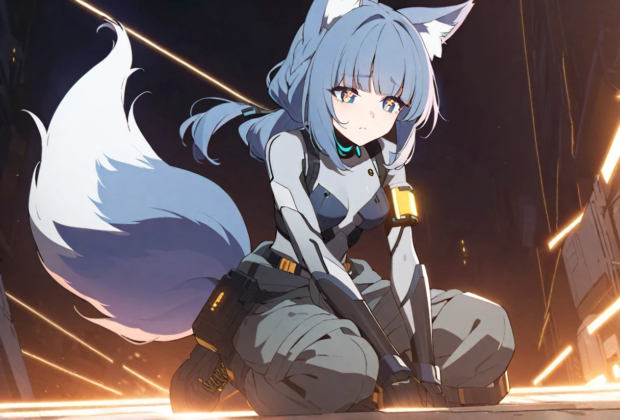anime coloring. anime screensnap
1girl, solo, bangs, hair braided in a low long ponytail, long blue fox ears, grey blue bodysuit, gray big pants, high boots, big fox fire blue tail, dark blue hair, dark blue eyes, sad look, straps on the chest, straps on the waist, short gray-green skirt. star-shaped pupils. opens a gray box. golden light from the box
black background. cyberpunk aesthetic