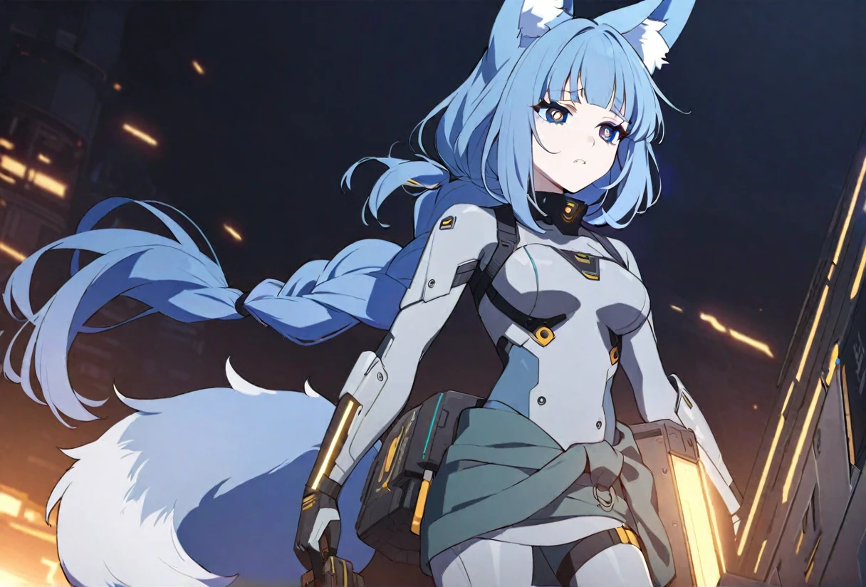anime coloring. anime screensnap
1girl, solo, bangs, hair braided in a low long ponytail, long blue fox ears, grey blue bodysuit, gray big pants, high boots, big fox fire blue tail, dark blue hair, dark blue eyes, sad look, straps on the chest, straps on the waist, short gray-green skirt. star-shaped pupils. opens a gray box. golden light from the box
black background. cyberpunk aesthetic