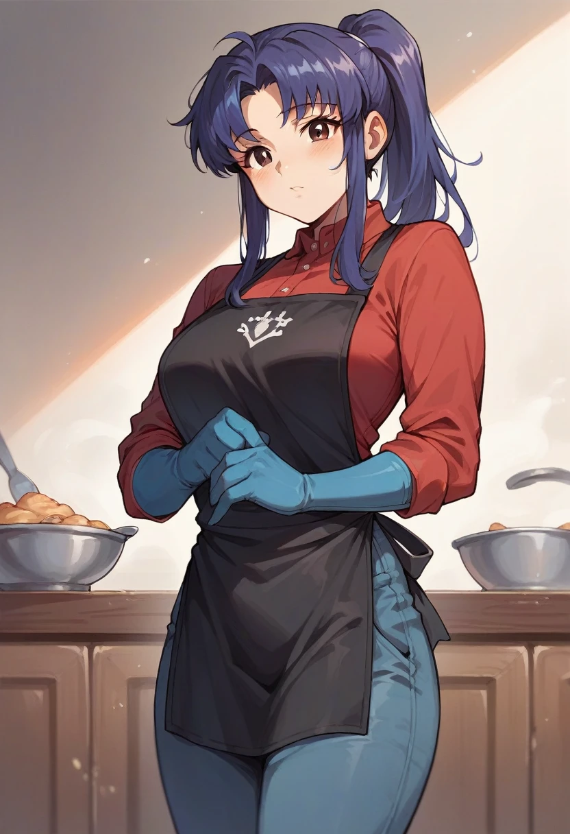 1girl, misato katsuragi, ponytail, ((blue half elbow gloves)), (red shirt), ((long sleeves)), (black apron), (pants), looking at viewer, (makes the dough), solo
