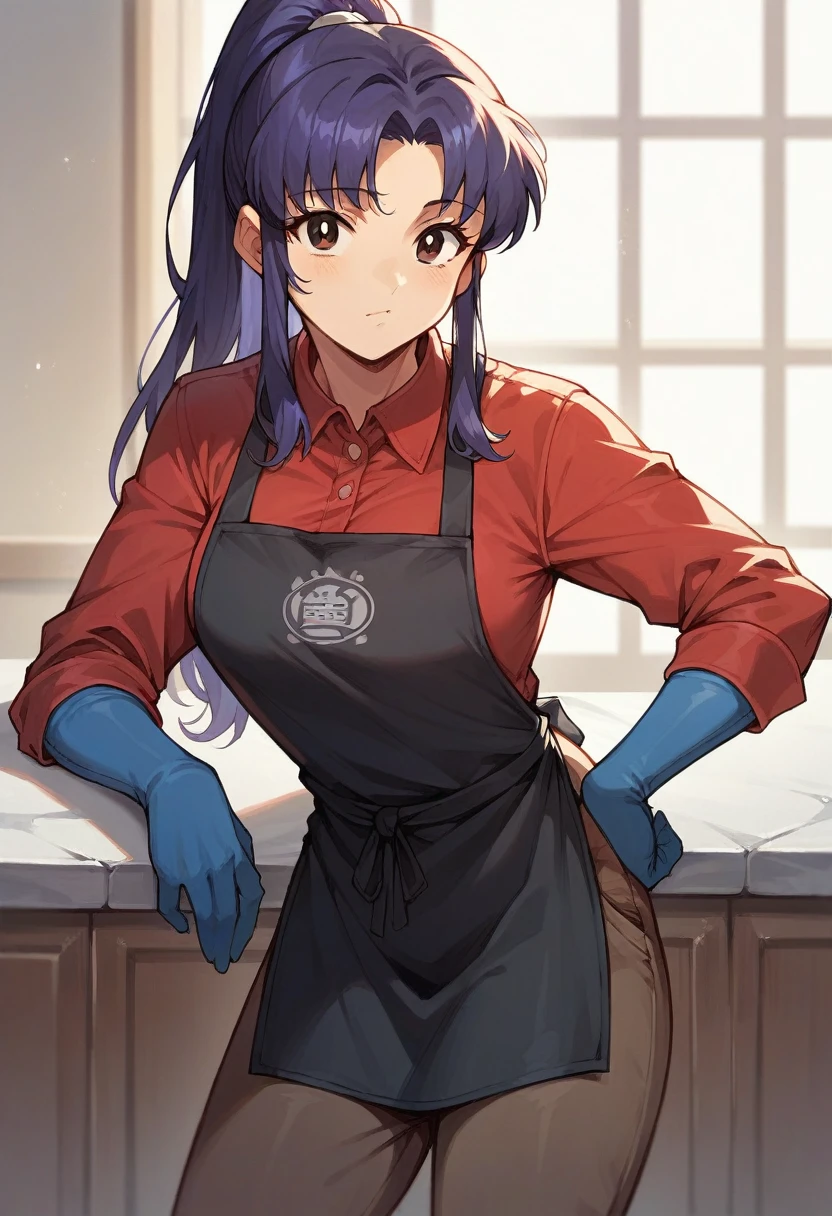 1girl, misato katsuragi, ponytail, ((blue half elbow gloves)), (red shirt), ((long sleeves)), (black apron), (pants), looking at viewer, (makes the dough), solo