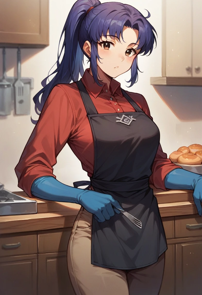 1girl, misato katsuragi, ponytail, ((blue half elbow gloves)), (red shirt), ((long sleeves)), (black apron), (pants), looking at viewer, (makes the dough), solo
