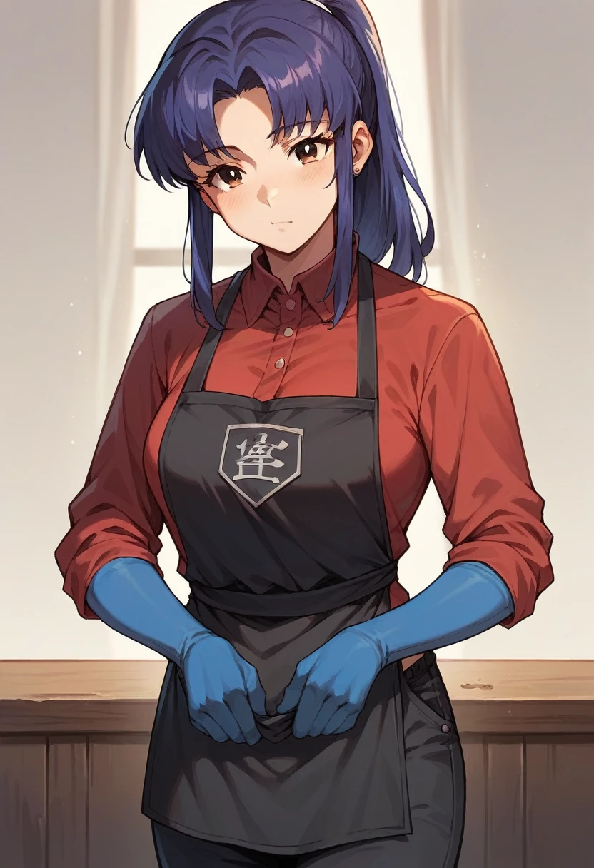 1girl, misato katsuragi, ponytail, ((blue half elbow gloves)), (red shirt), ((long sleeves)), (black apron), (pants), looking at viewer, (makes the dough), solo