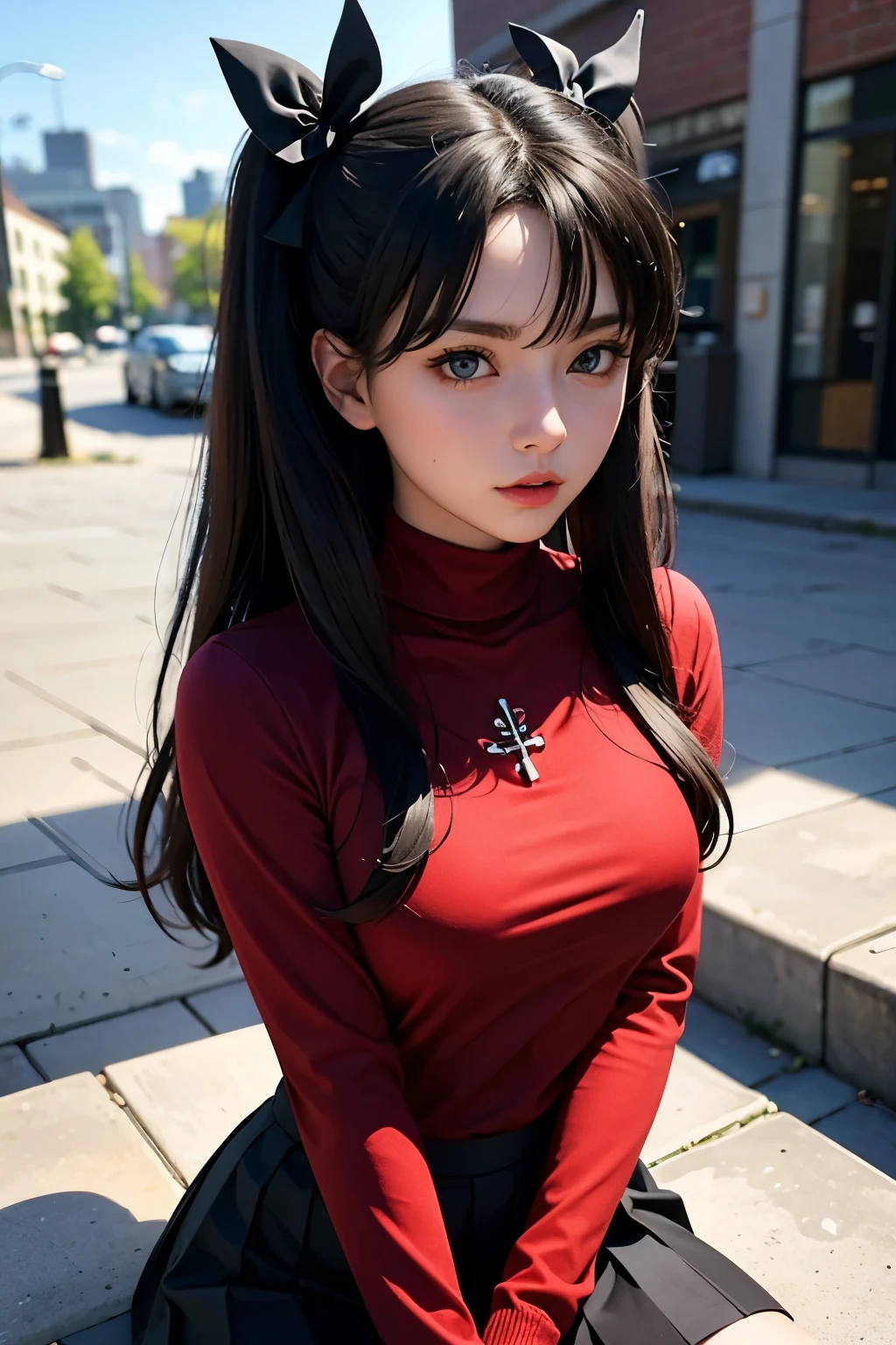 (masterpiece), best quality, expressive eyes, perfect face, 1girl, solo, rintohsaka, rin tohsaka, aqua eyes, black hair, hair ribbon, long hair, ribbon, sidelocks, two side up, black skirt, black thighhighs, long sleeves, miniskirt, pleated skirt, ((red sweater)), skirt, sweater, thighhighs, turtleneck, city background, sitting, character sheet, upper body, portrait, looking at viewer