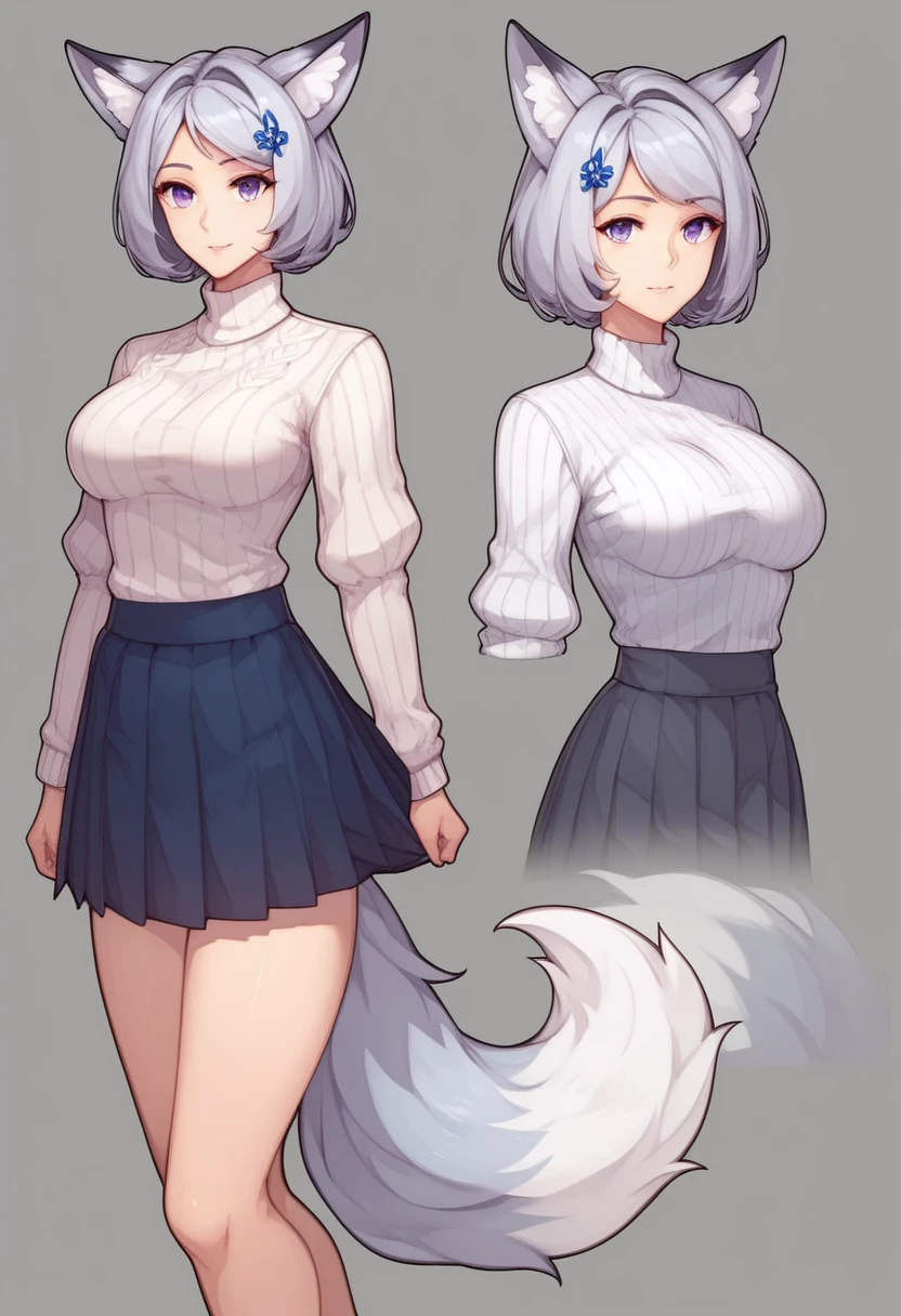 (masterpiece, best quality:1.2)((silver white hair))((violet eyes)),1girl,((eyes tilted outwards)), ((standing_fox_ears)),((fluffy_fox_tail)), milf,averting_eyes,basic_blue_hairpin,bob_hair,short_hair, (medium breasts), puffy_sleeves, pleated_skirt, sweater_shirt, reference image