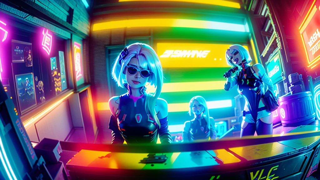 ((2 cyberpunk girls wearing colorful Harajuku style pop outfit)), ((((fisheye lens)))), cowboy shot, wind, messy hair, ((cyberpunk 2077 cityscape)), (cyberpunk aesthetics and atmosphere), bright colors, smiling, ((cinematic lighting))