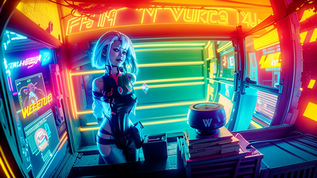 ((2 cyberpunk girls wearing colorful Harajuku style pop outfit)), ((((fisheye lens)))), cowboy shot, wind, messy hair, ((cyberpunk 2077 cityscape)), (cyberpunk aesthetics and atmosphere), bright colors, smiling, ((cinematic lighting))